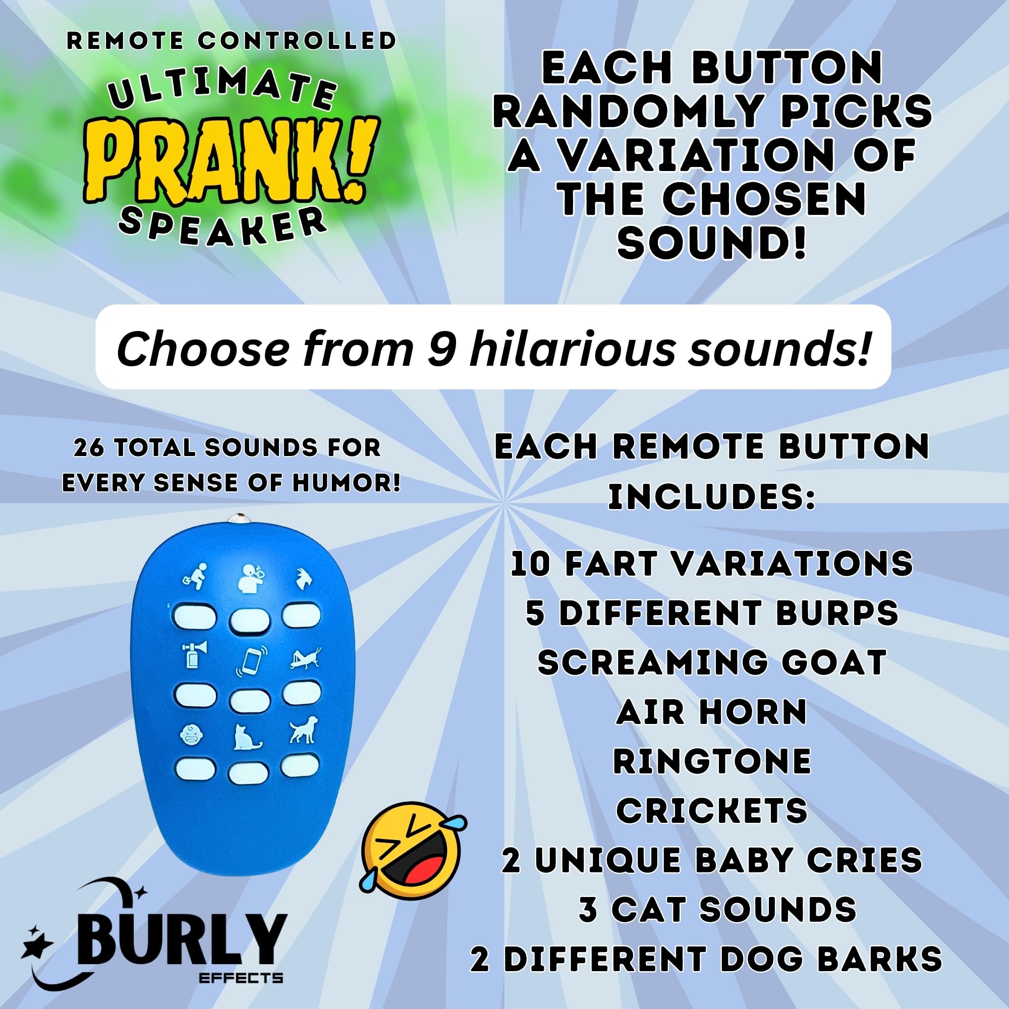 Burly Effects remote control with 9 buttons enables distance-controlled pranks and quick chaos.