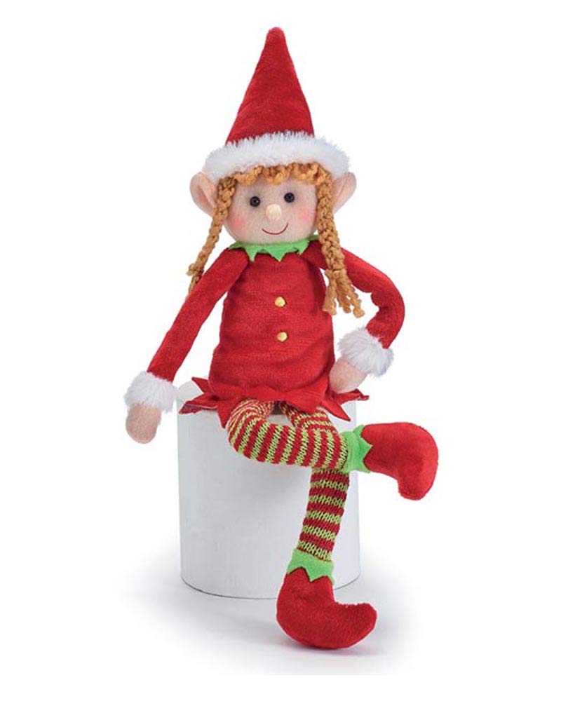 BURTON+BURTON Plush Christmas Girl Elf in red dress with faux fur trim, festive decor charm.