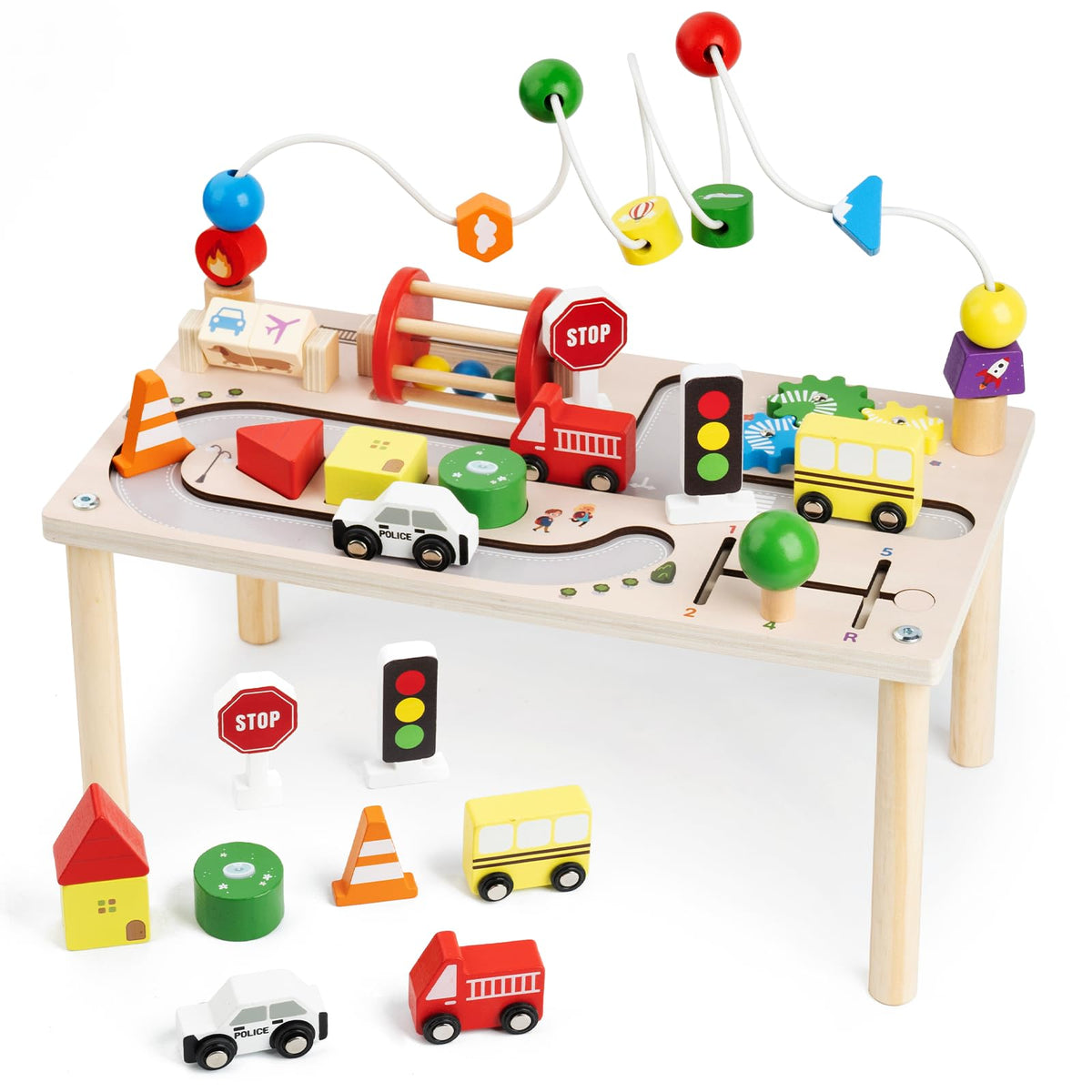 Busy Edition activity table bead maze enhances fine motor skills during play.
