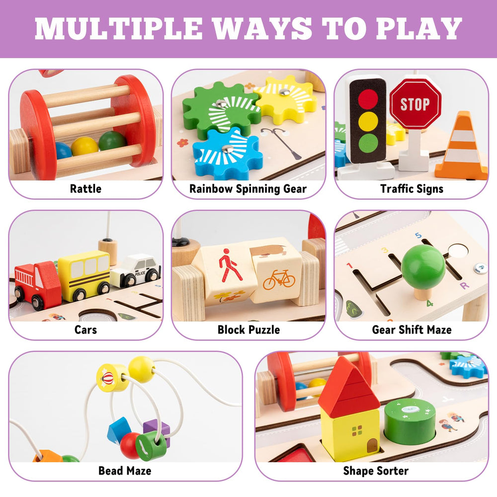 Busy Edition activity table rainbow gear enhances visual tracking and focus.