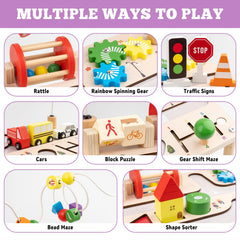 Busy Edition activity table rainbow gear enhances visual tracking and focus.