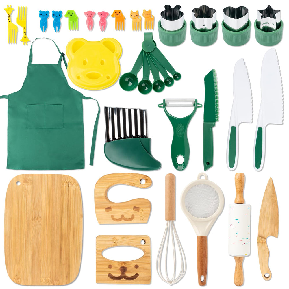 Busy Edition kids safe knife set cutting board for beginner chefs learning safe cutting.