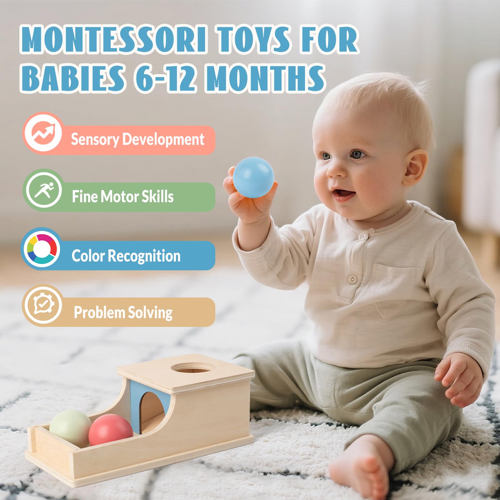 Busy Edition wooden ball drop toy enhances baby hand-eye coordination during play.