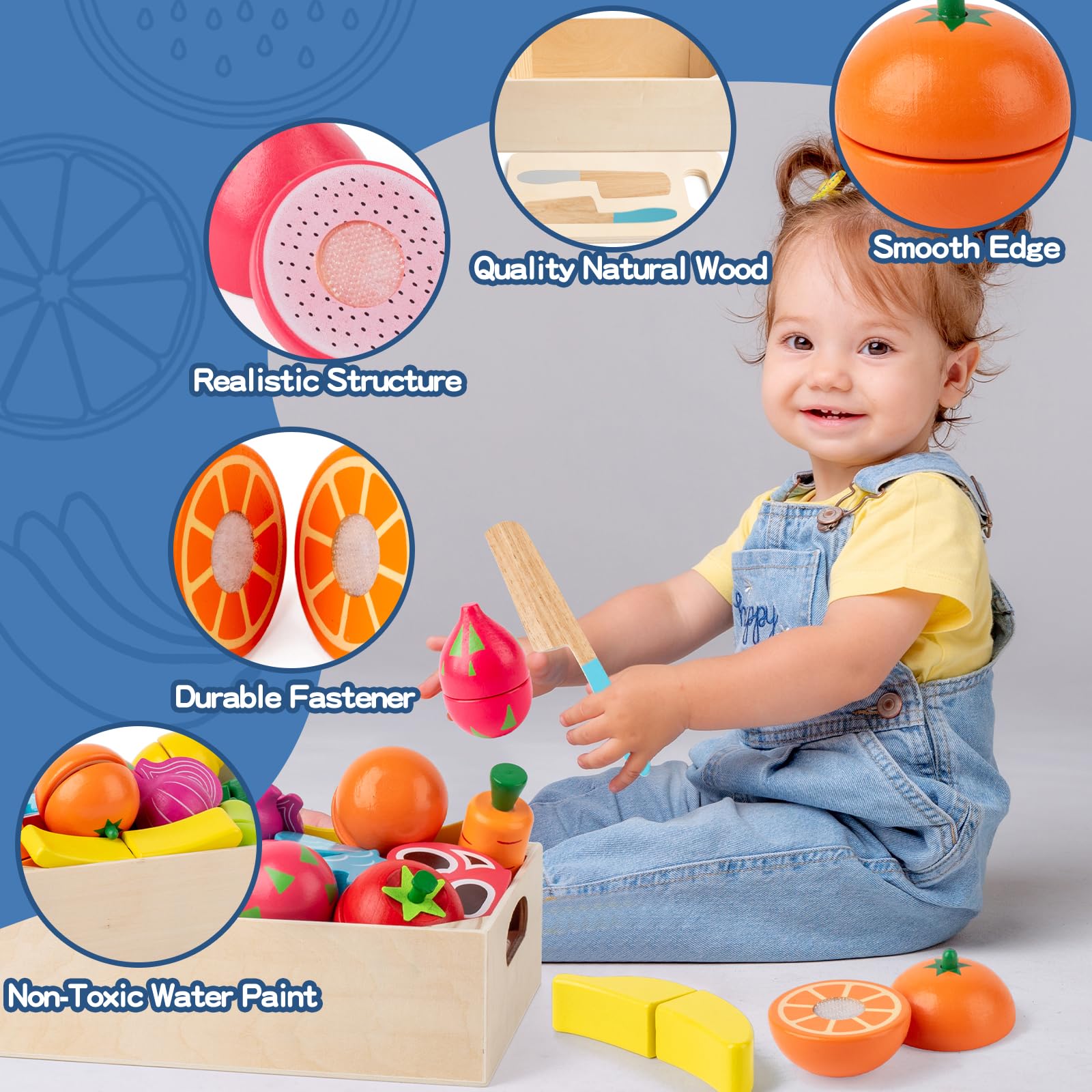 Busy Edition wooden fruit and vegetable pieces support color recognition play