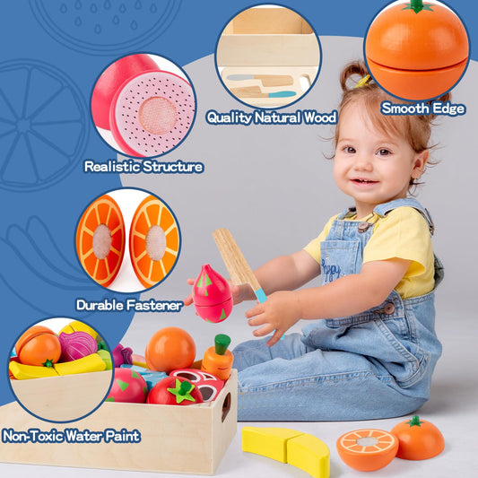 Busy Edition wooden fruit and vegetable pieces support color recognition play
