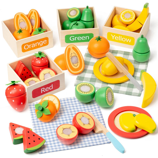 Busy Edition wooden play food set with knives for safe pretend cutting fun