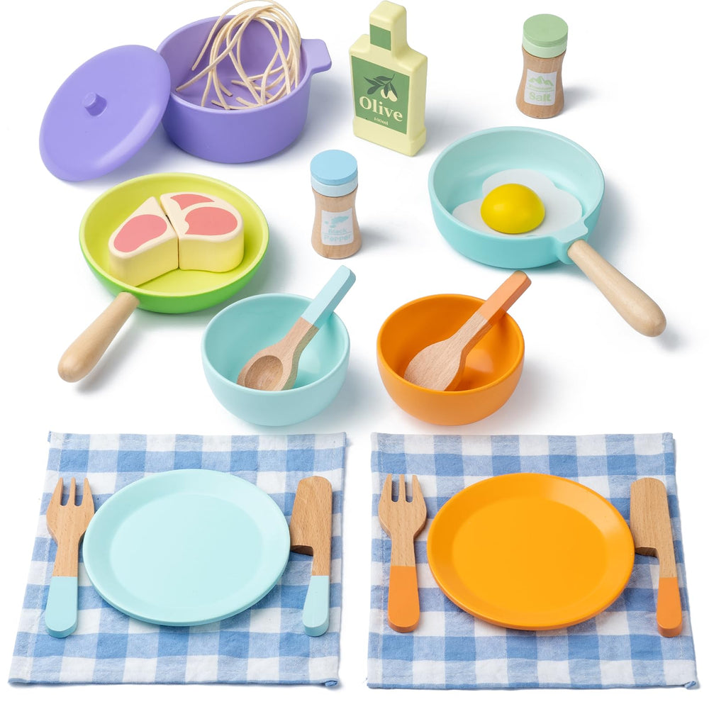 Busy Edition wooden kitchen toys for toddlers boost imaginative play and motor skills.