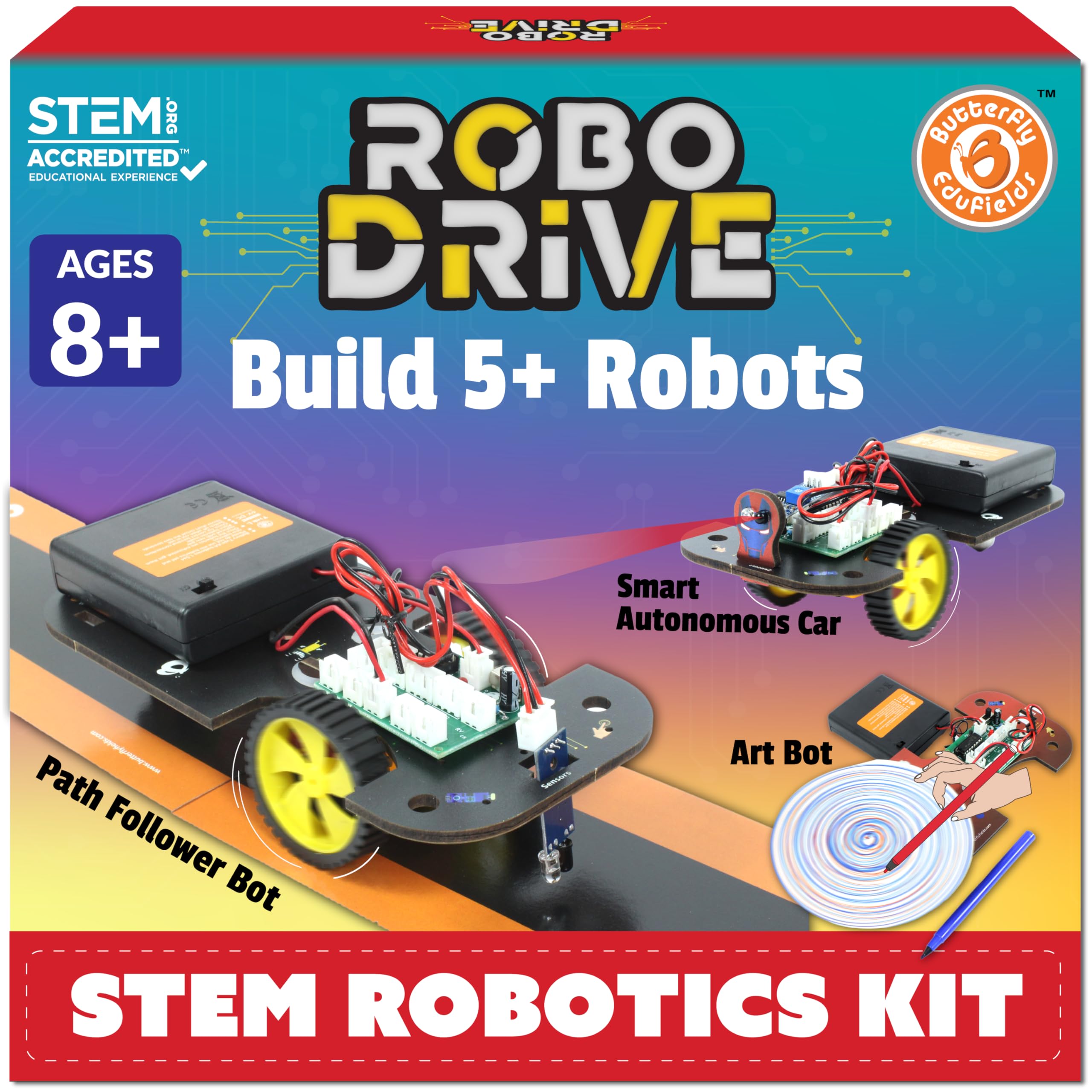 Butterfly EduFields 5in1 robot kit box showcases packaging for hands-on STEM learning.