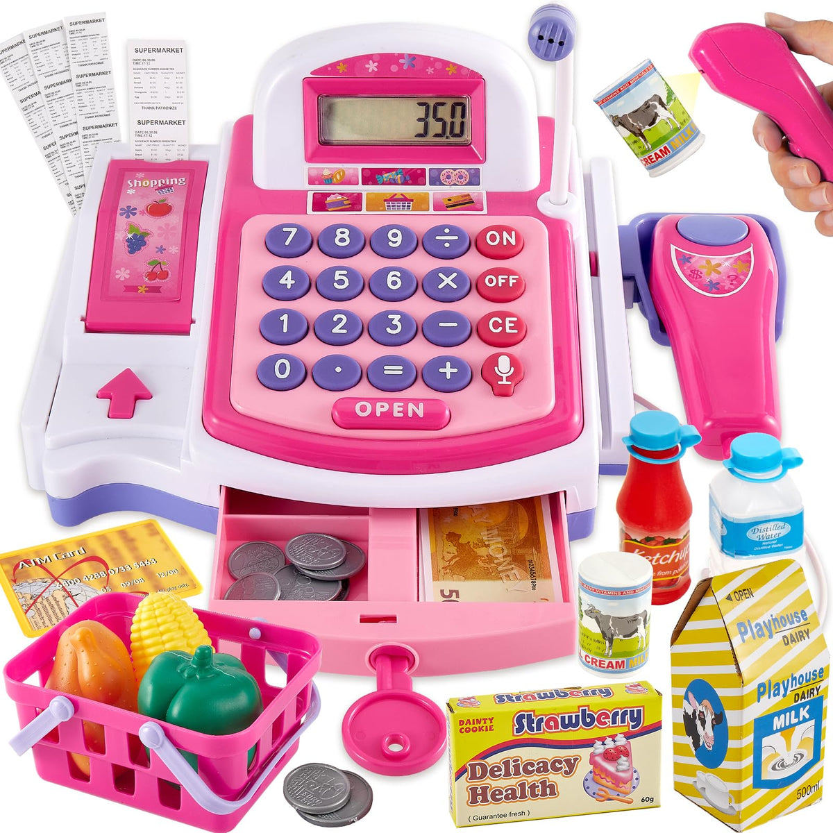 Buyger Kids Cash Register toy with scanner for imaginative play and basic math