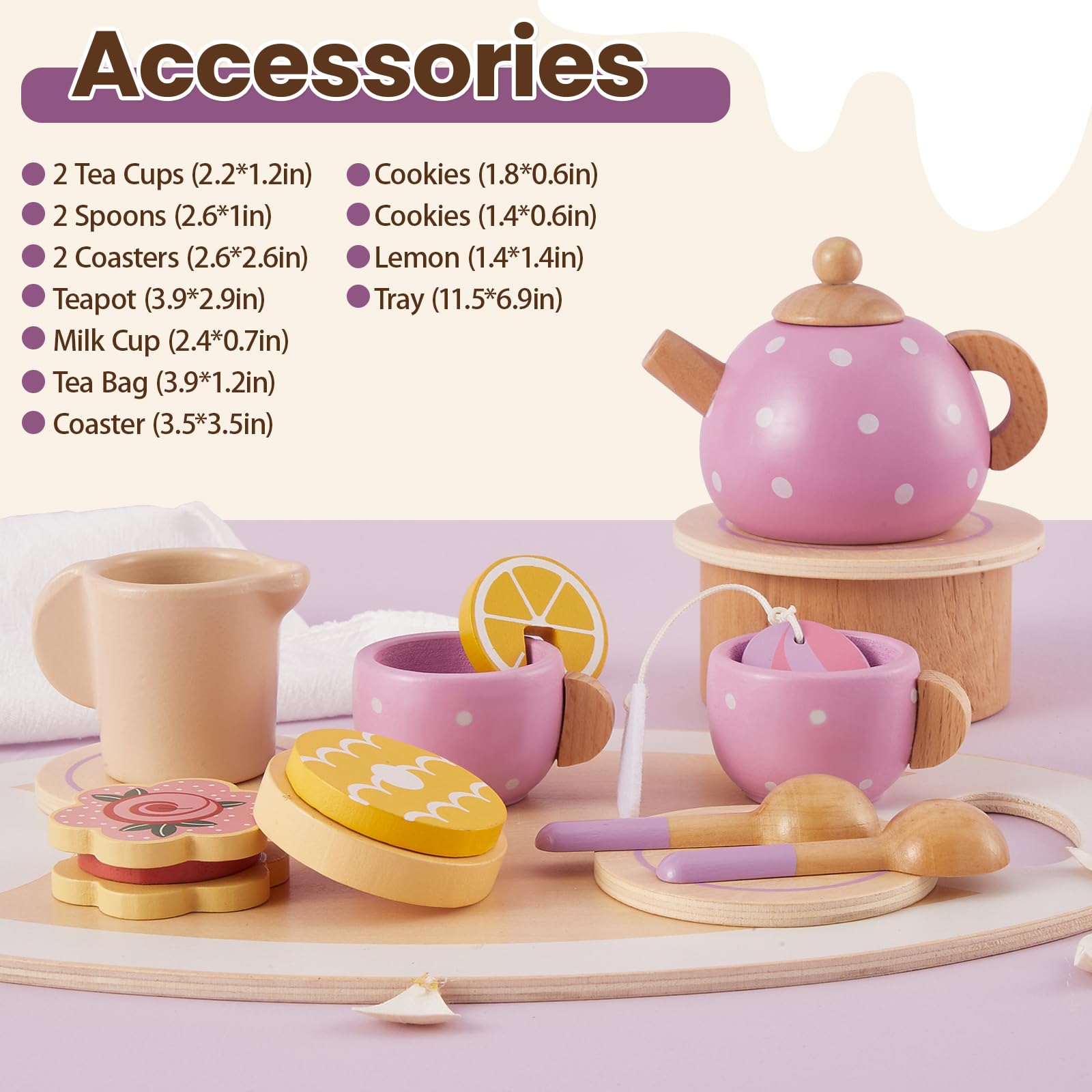 Buyger wooden tea set spoons support fine motor play during pretend desserts