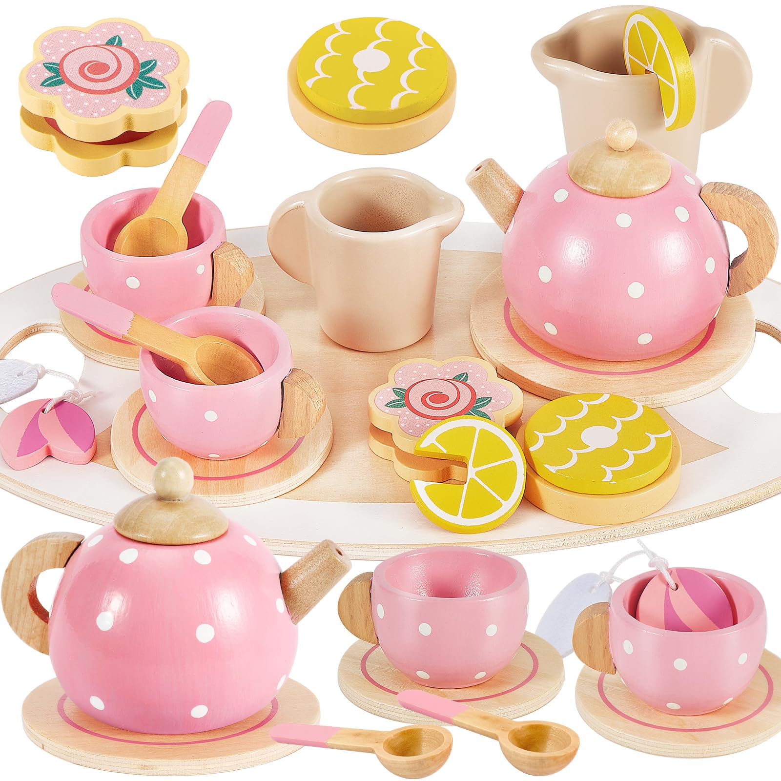 Buyger kids wooden teapot with lid for imaginative tea time play