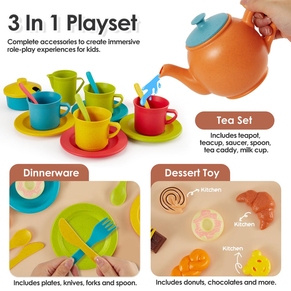 Buyger play dishes and utensils for shared pretend meals.