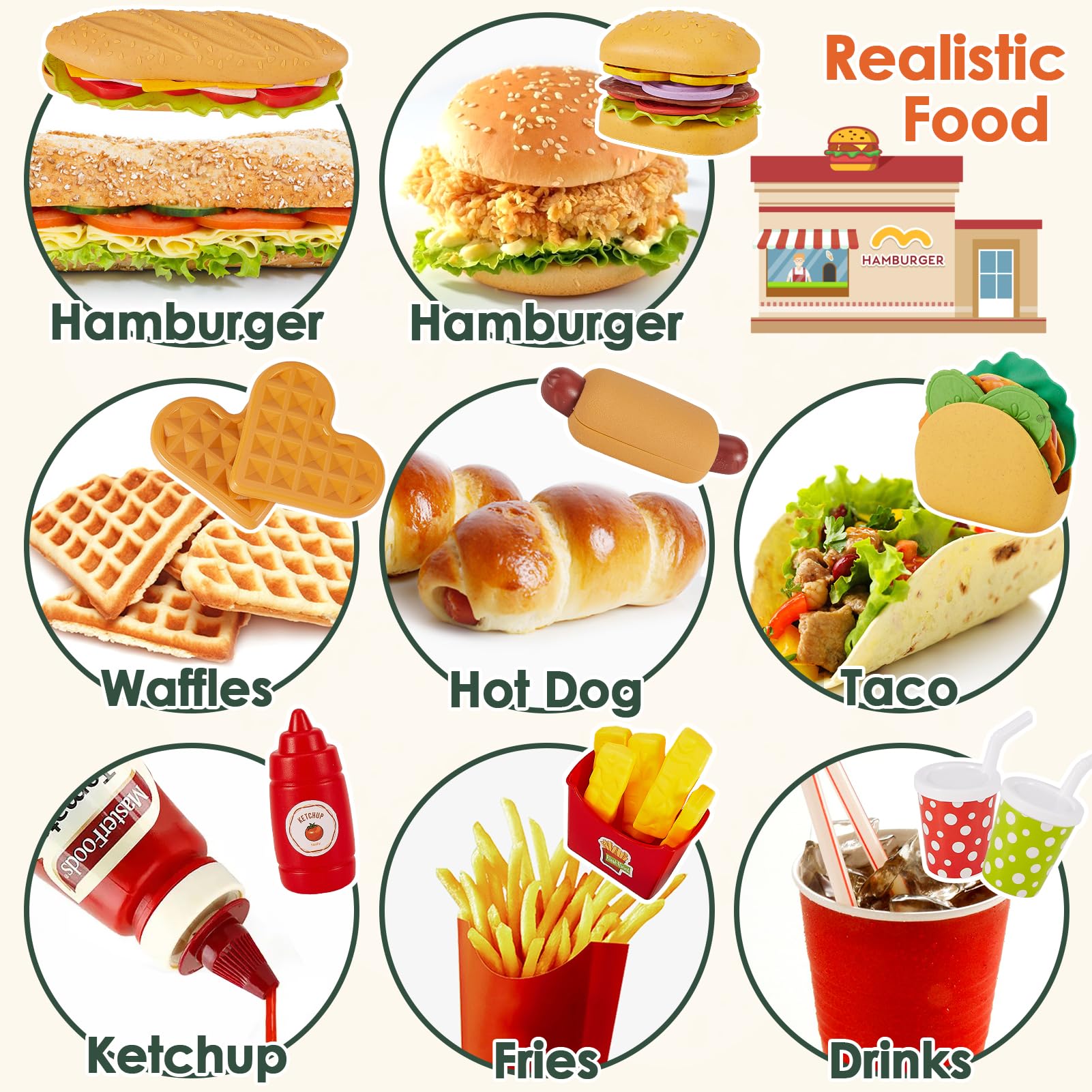 Buyger realistic sesame and vegetable textures enhance recognition during play