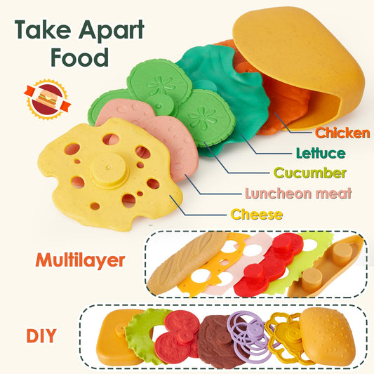 Buyger take apart hamburger pieces encouraging creative assembly and fine motor practice