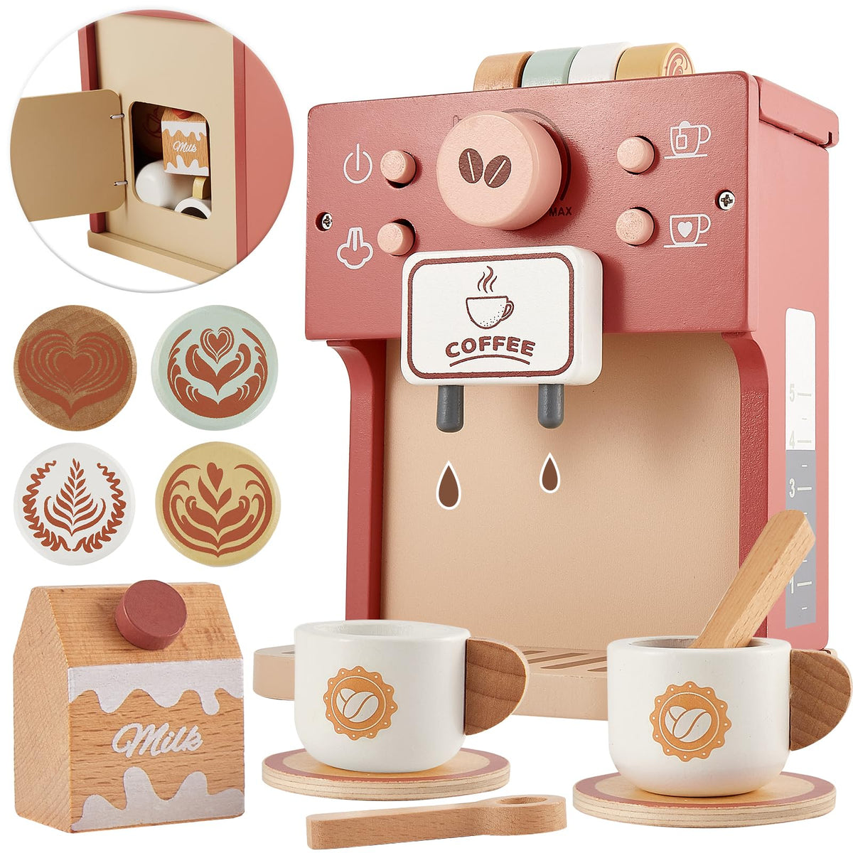 BUYGER toy coffee maker for kids front view during imaginative play