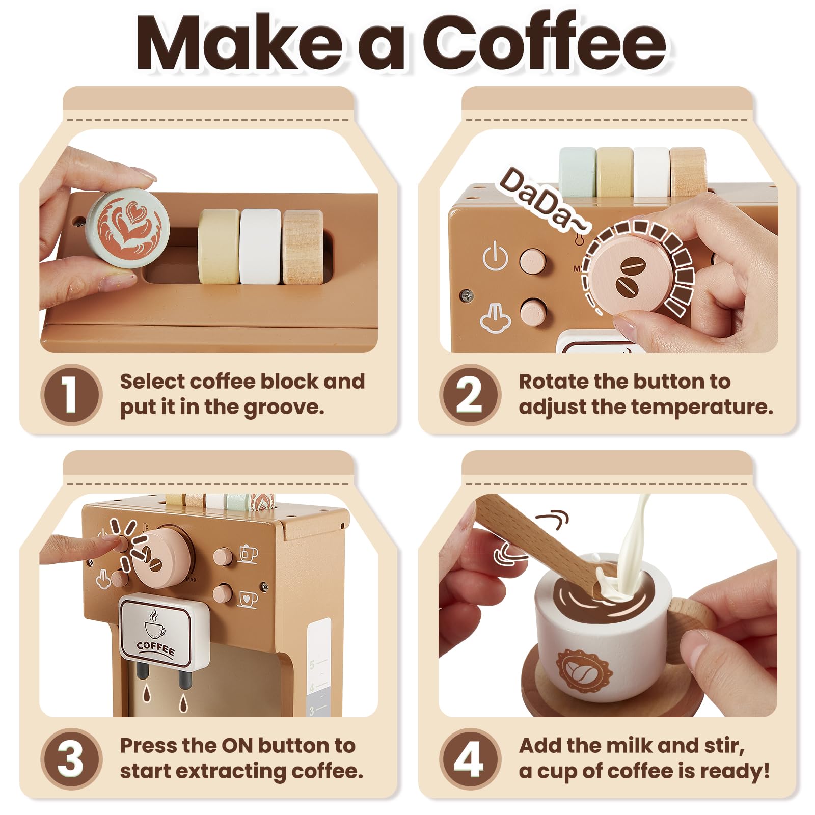 Buyger toy coffee maker wooden body provides durable, safe play with smooth surfaces