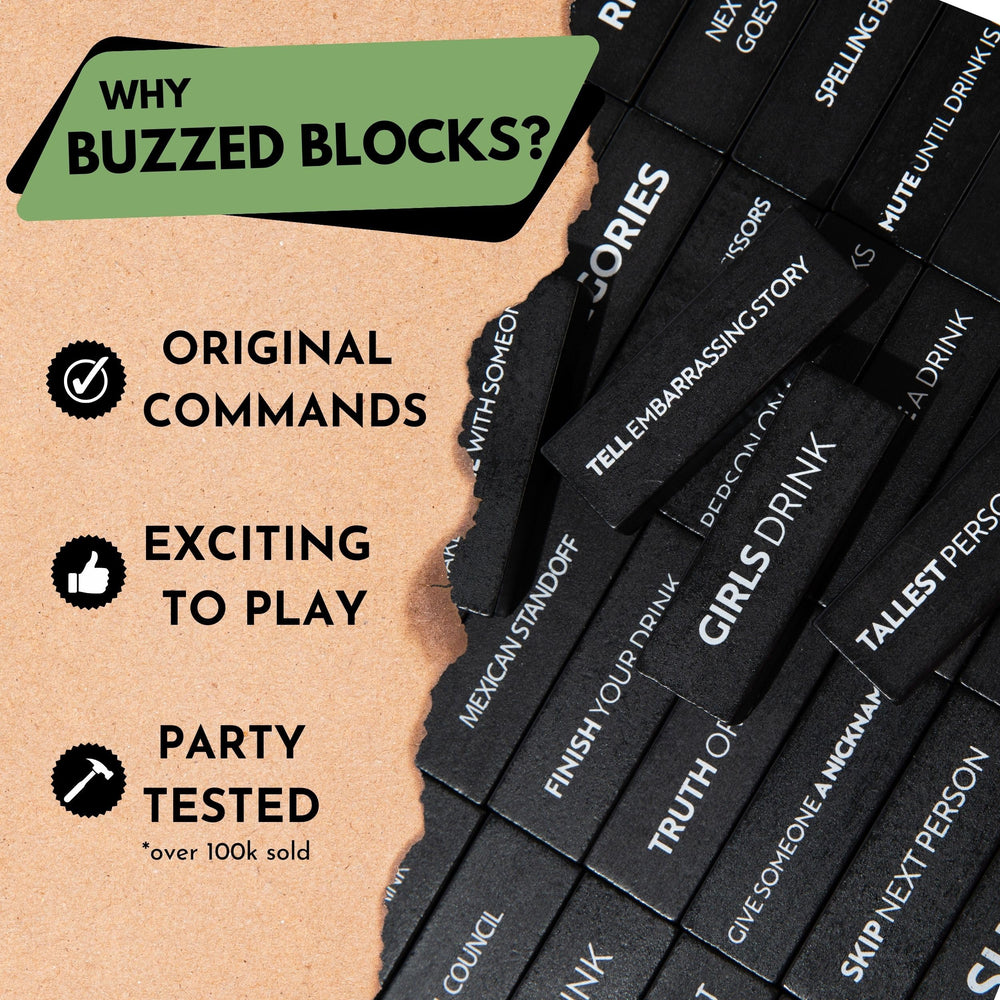 Buzzed Blocks blank-tiles invite custom tasks for personalized game nights.
