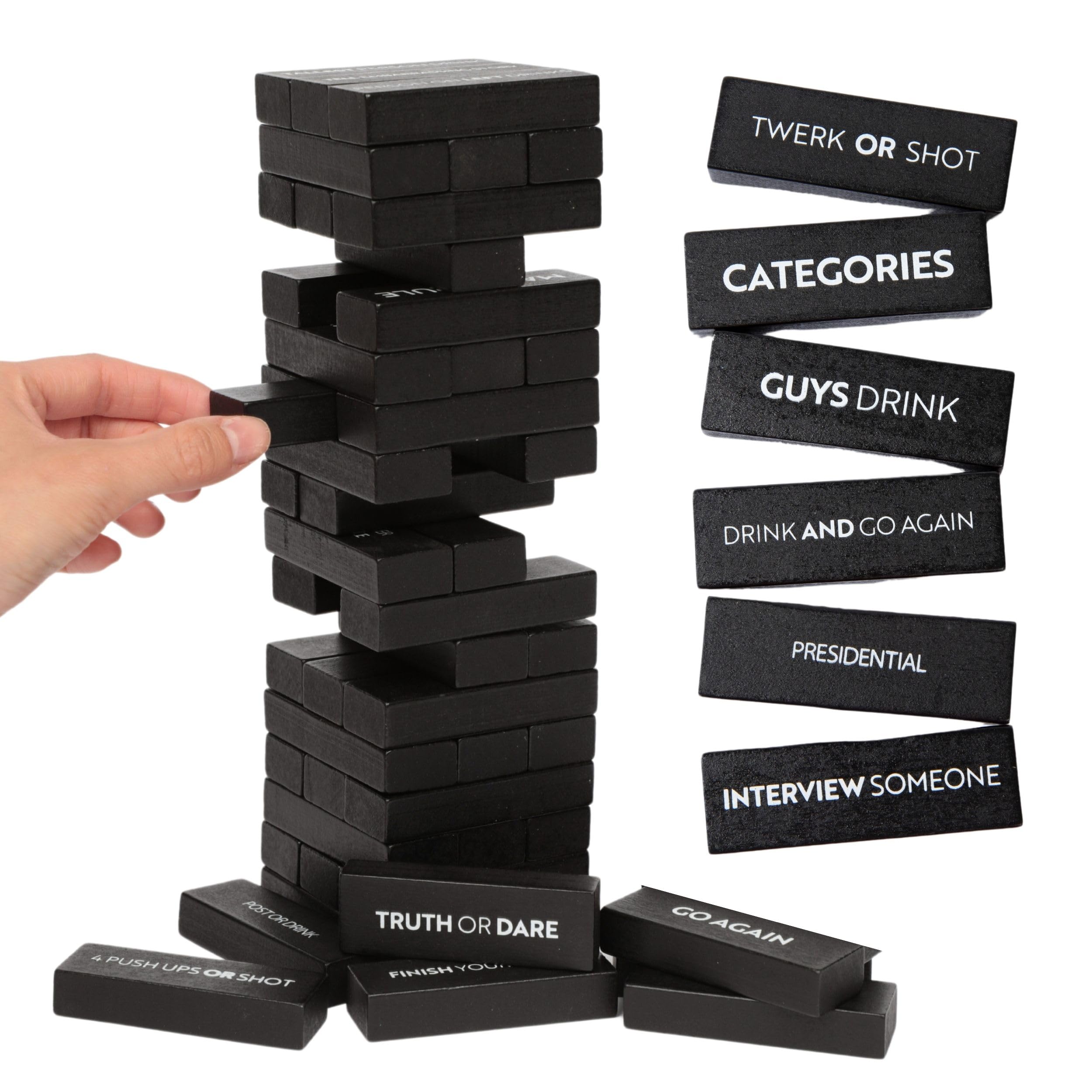 Buzzed Blocks tower assembly shows a party-ready stacking setup.
