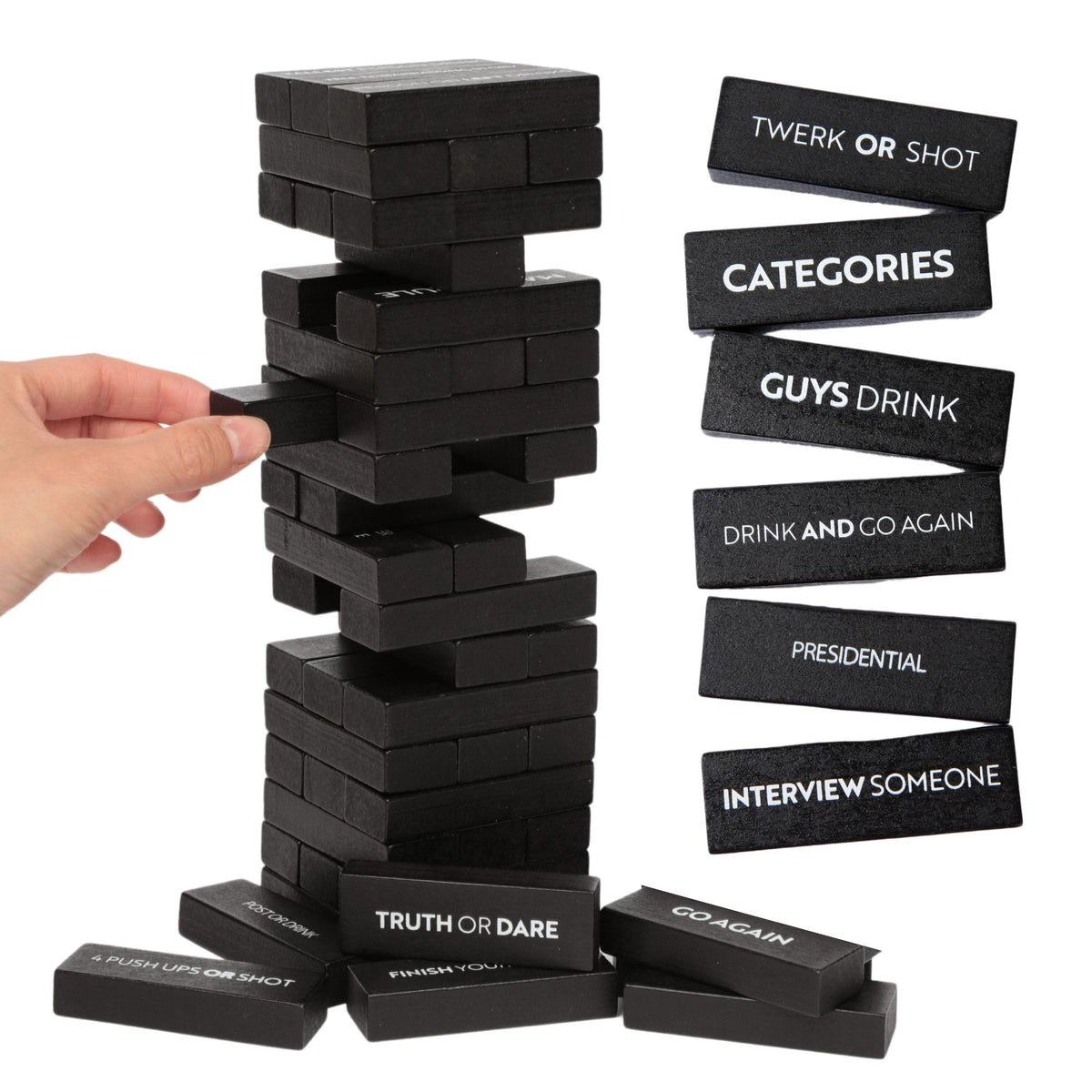Buzzed Blocks tower assembly shows a party-ready stacking setup.