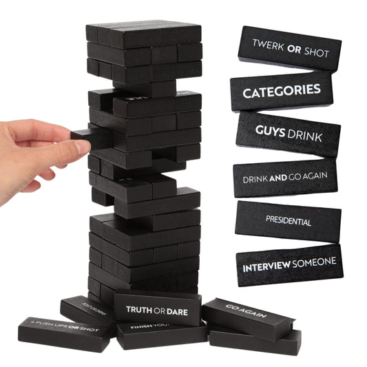 Buzzed Blocks tower assembly shows a party-ready stacking setup.