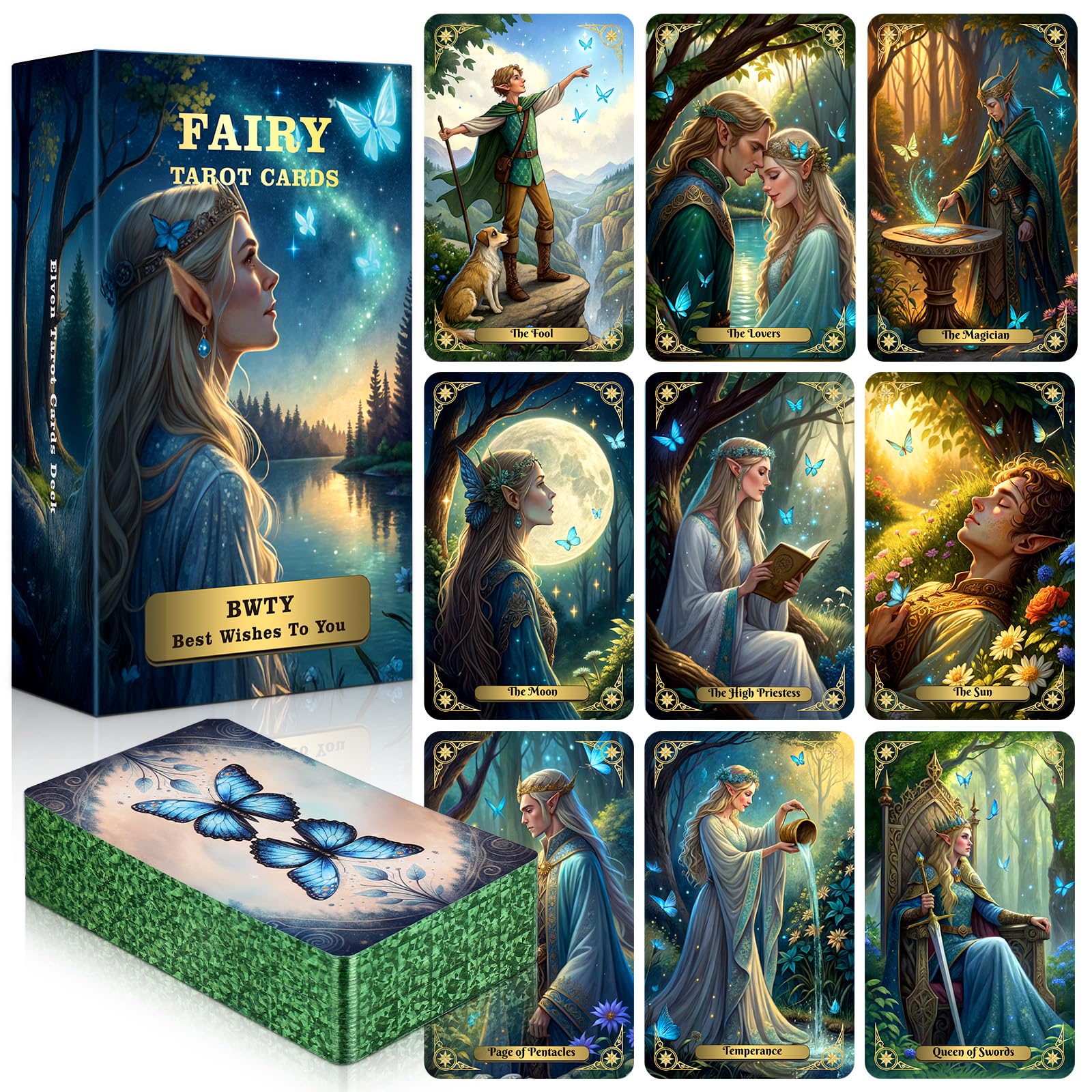 BWTY Fairy Tarot deck front cover features vibrant fairy art for beginner guidance.