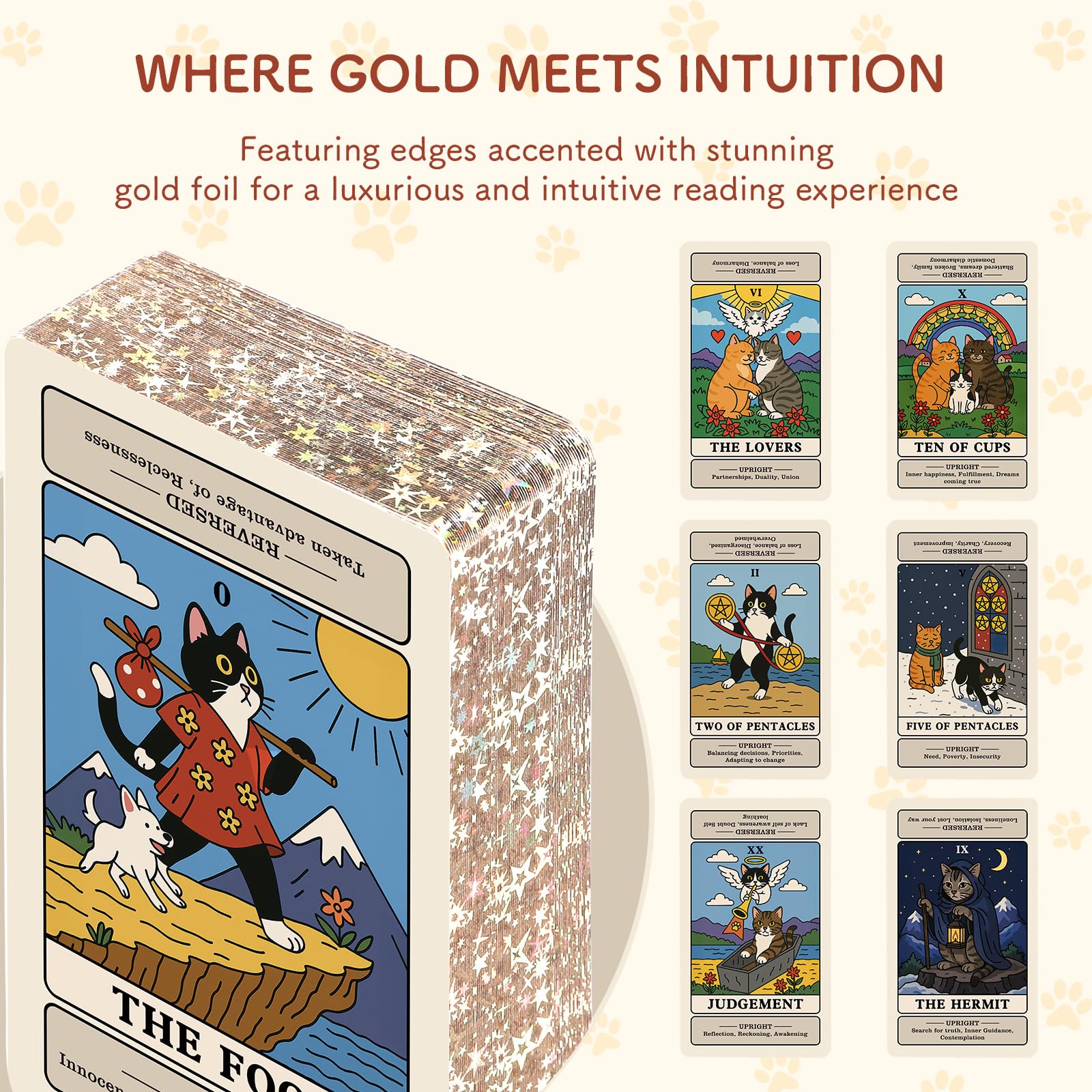 BWTY cat tarot deck features gold foil edges for a premium look.