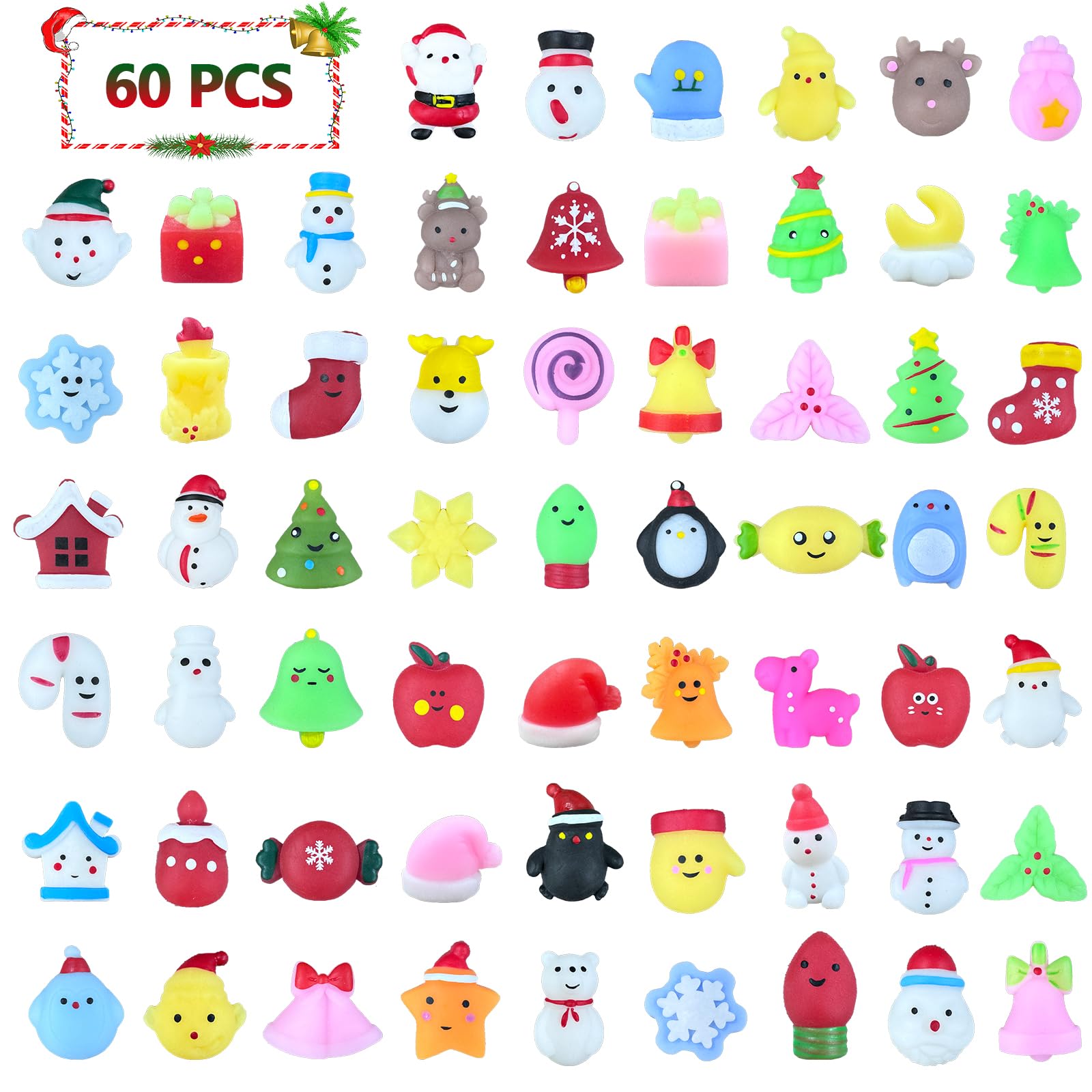 Bxngjuj Christmas Mochi Squishy Set 60pcs, perfect for gifting and party favors.