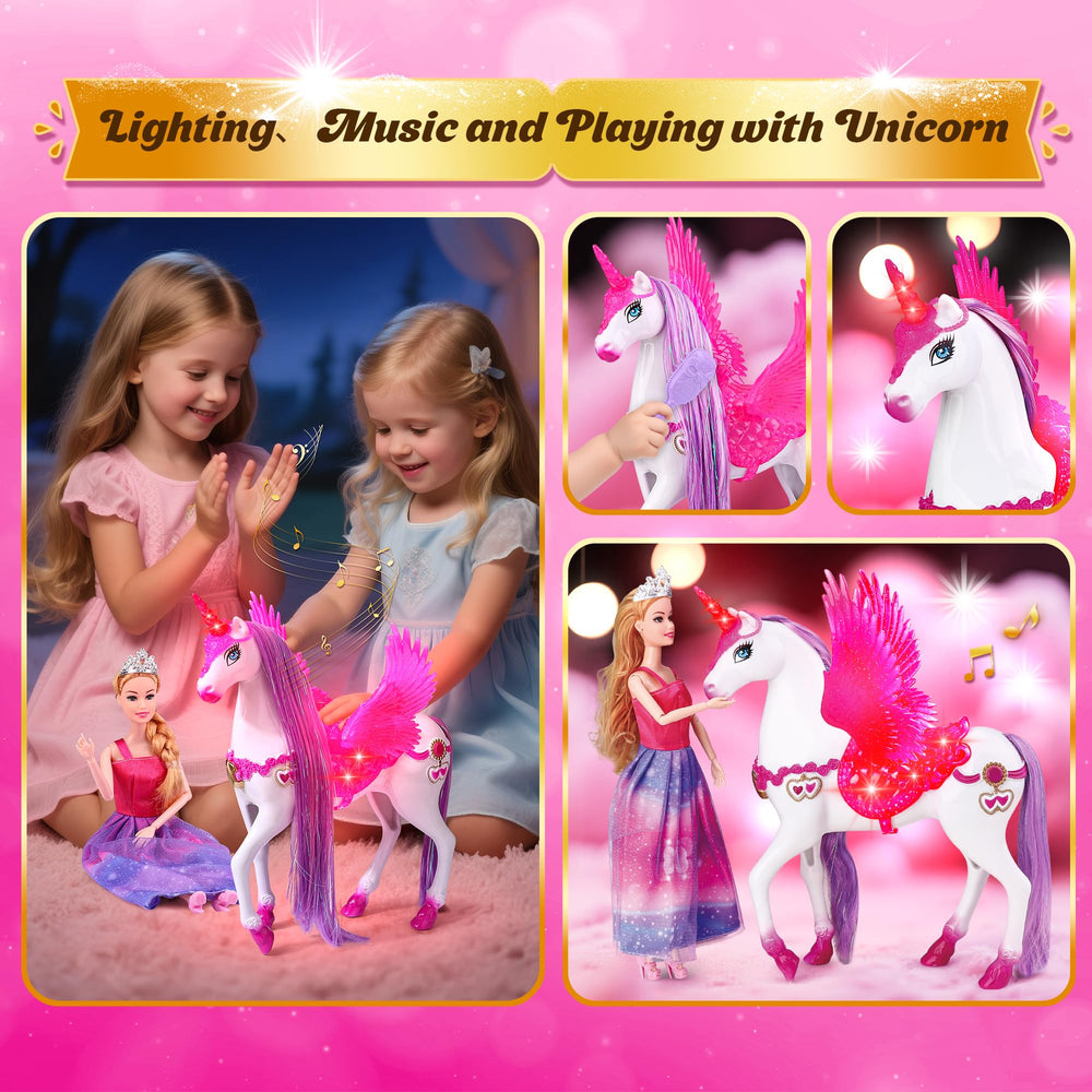 BYCICI Princess Doll with posable limbs sits easily on the unicorn