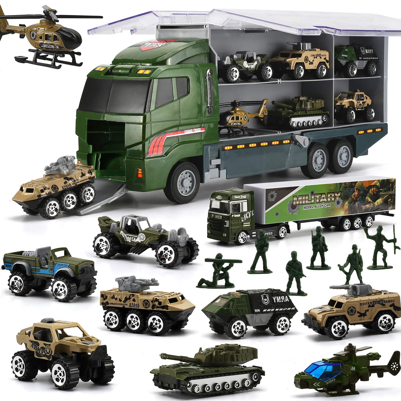 BYONEBYE carrier truck with 26-pc army set for imaginative play and coordination.