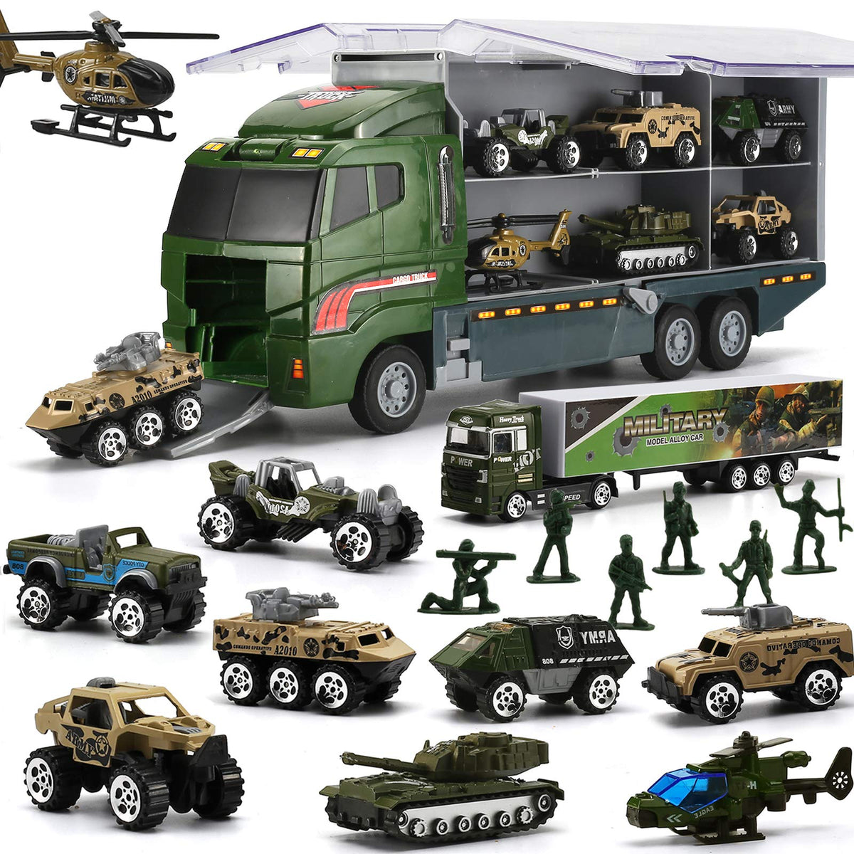 BYONEBYE carrier truck with 26-pc army set for imaginative play and coordination.