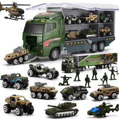 BYONEBYE carrier truck with 26-pc army set for imaginative play and coordination.
