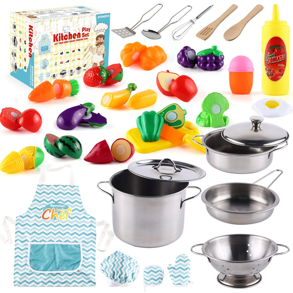 BYONEBYE 35-piece kitchen play set with stainless steel pots supports imaginative play and motor skills.