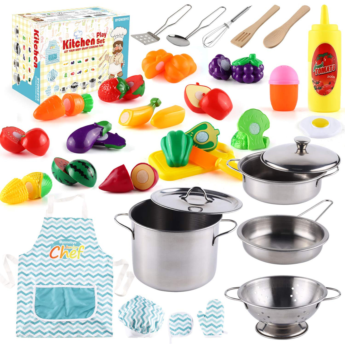 BYONEBYE 35-piece kitchen play set with stainless steel pots supports imaginative play and motor skills.