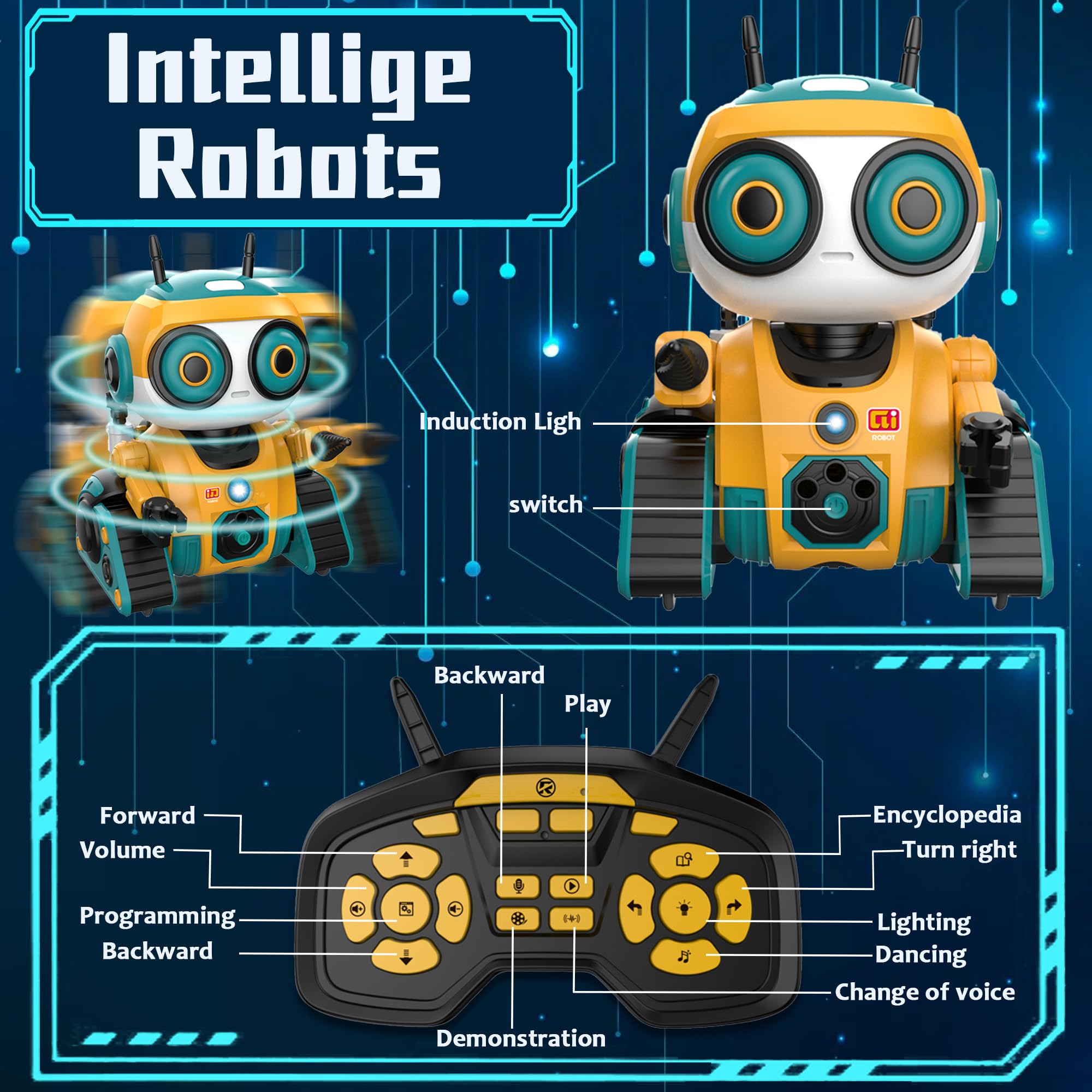 BYTEWAR robot yellow rear view highlighting playful features and accessibility