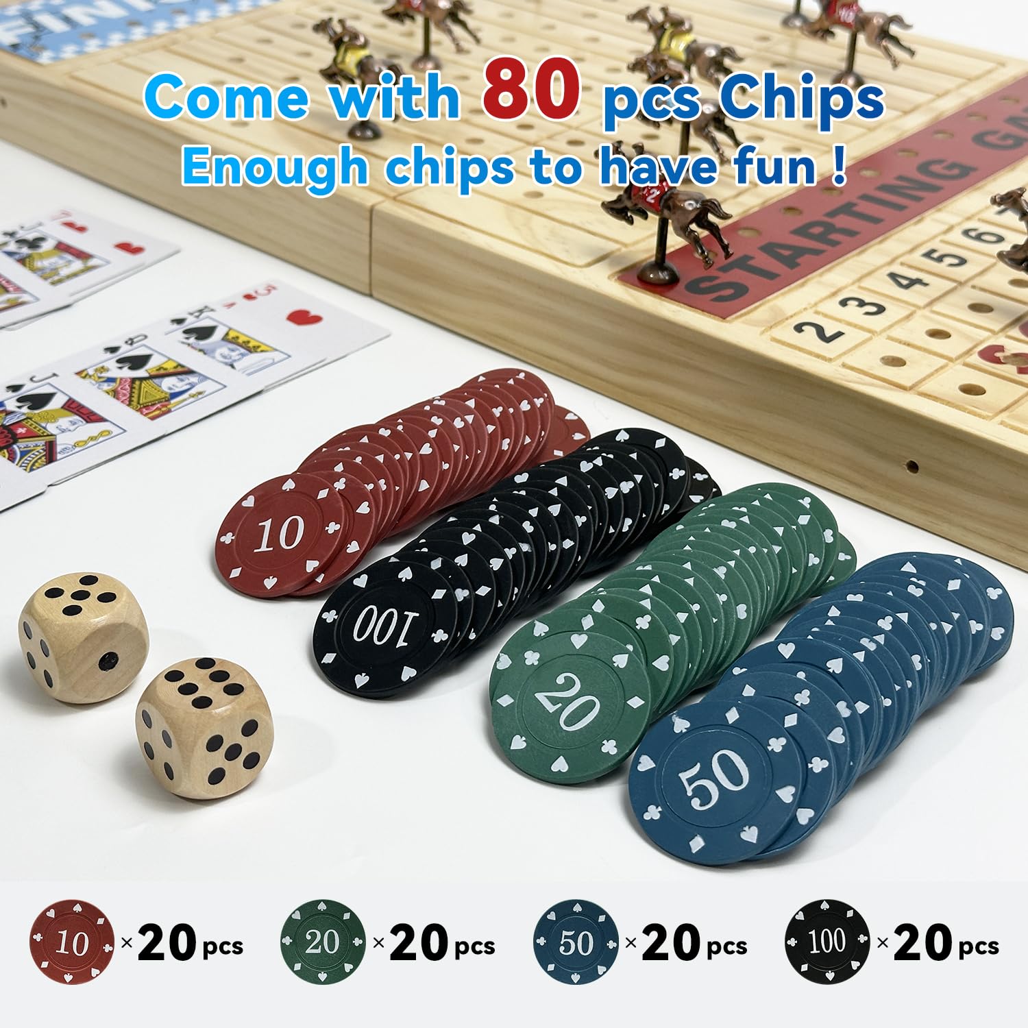 BZnota includes dice, cards, and 80 poker chips for party play.