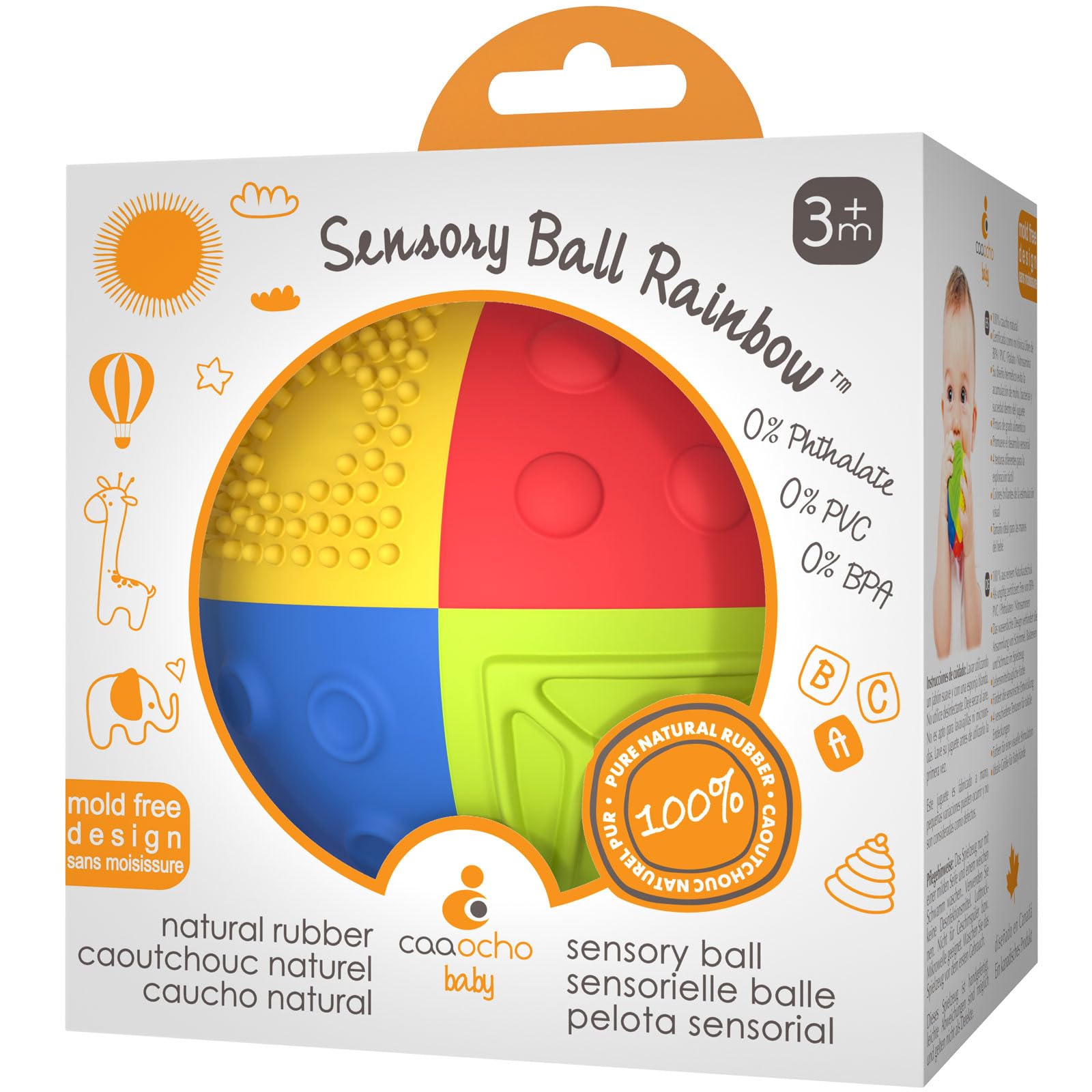 caaocho Rainbow Sensory Ball 3in showcases vibrant colors for visual stimulation and tactile play.