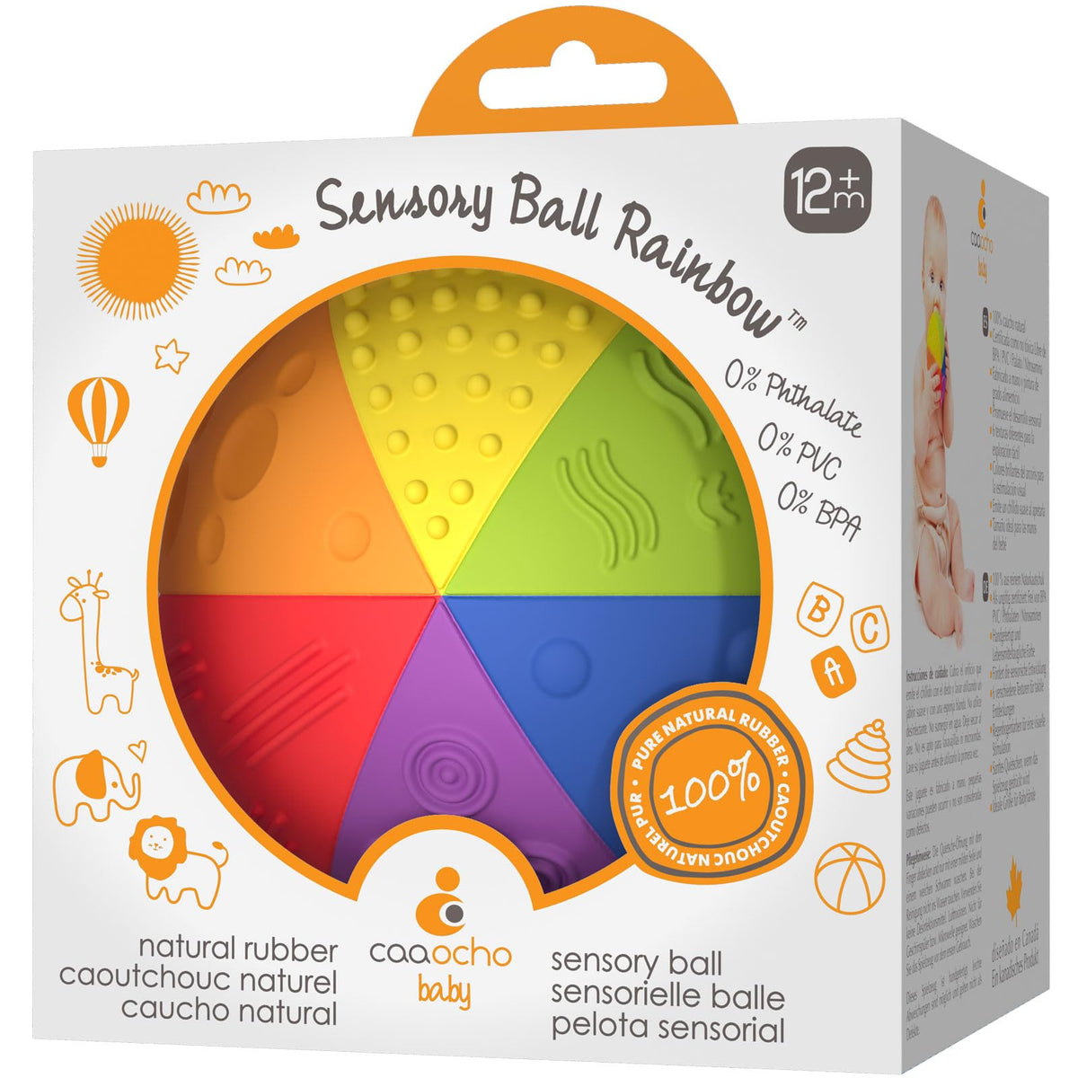 caaocho Rainbow Sensory Ball close-up, vibrant colors for visual and tactile exploration.