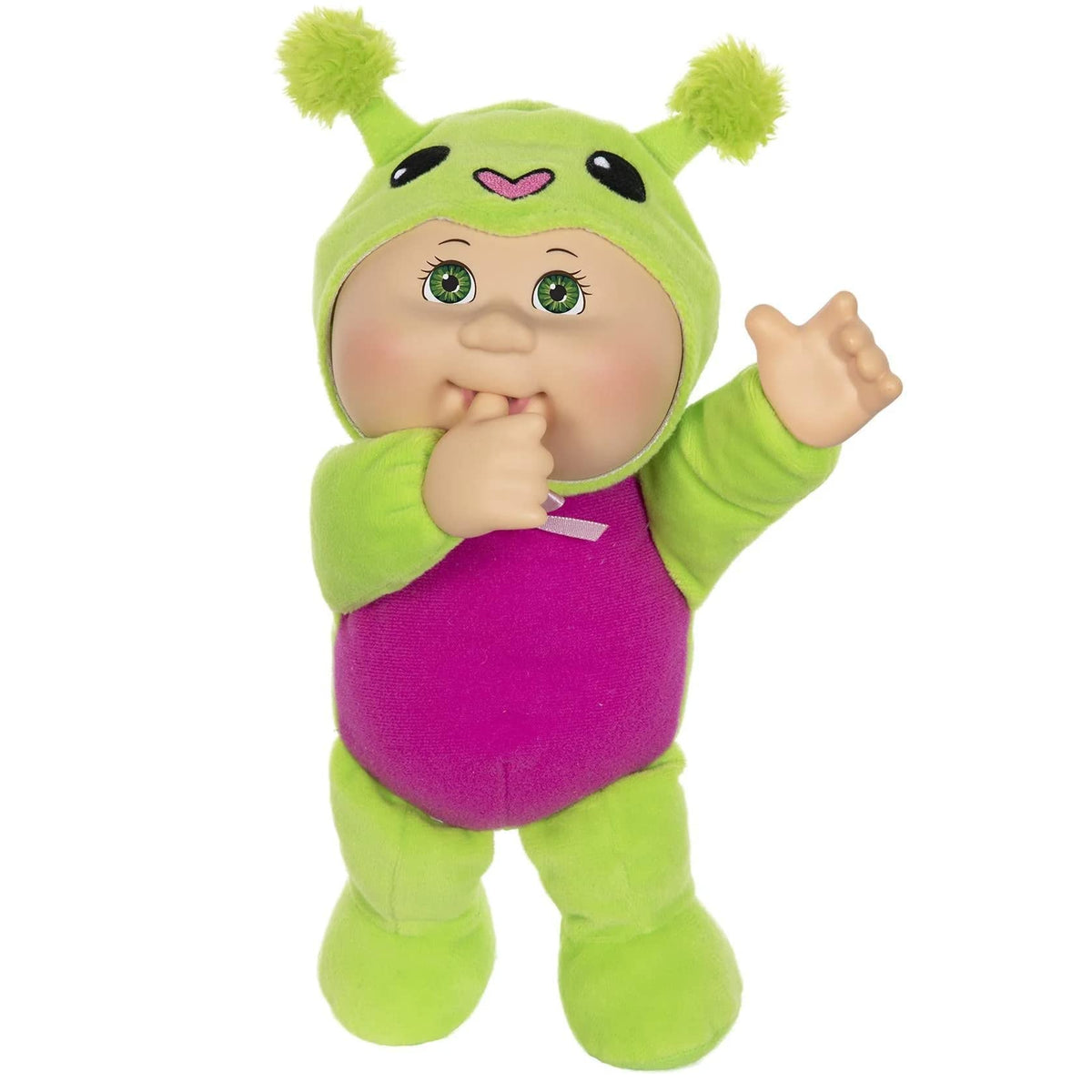 Cabbage Patch Kids Aries Alien Cutie in hooded onesie, with signature scent for nostalgic play.
