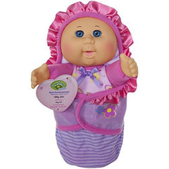 Cabbage Patch Kids newborn doll with blue eyes in a soft swaddle, ready for cuddling.