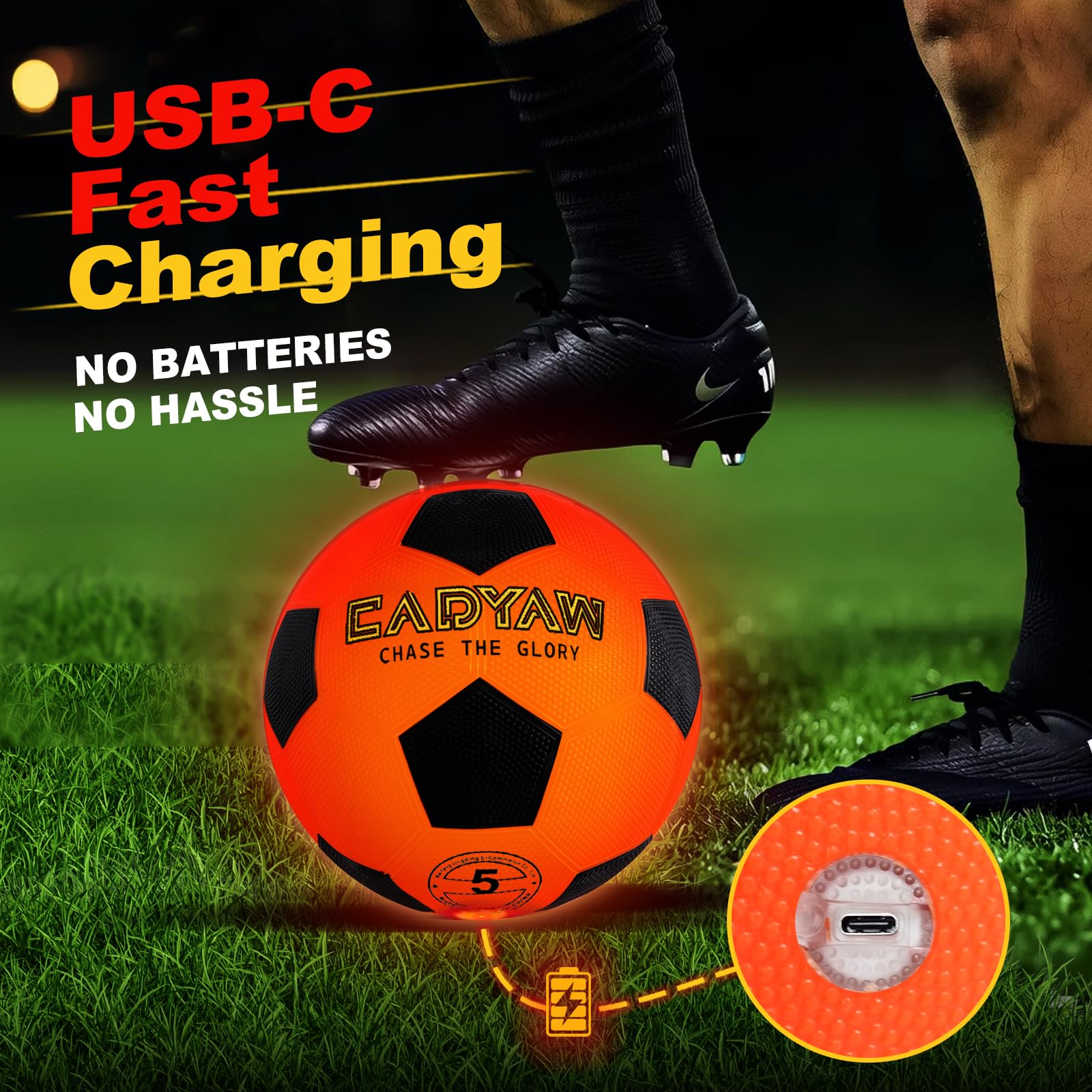 Cadyaw Glow ball charging port enables quick recharge before play.