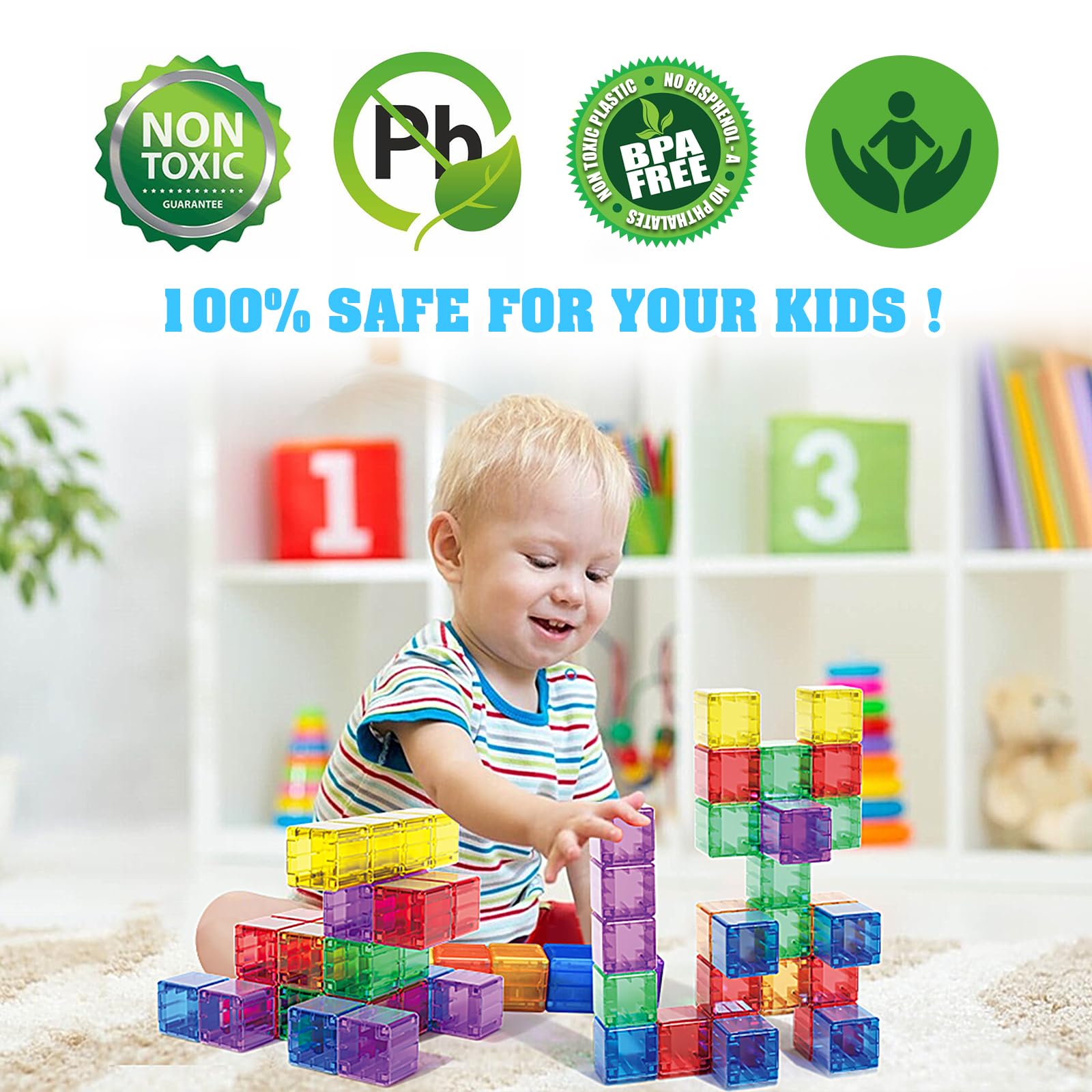 Caferria colorful magnetic cubes create 3D shapes and patterns.