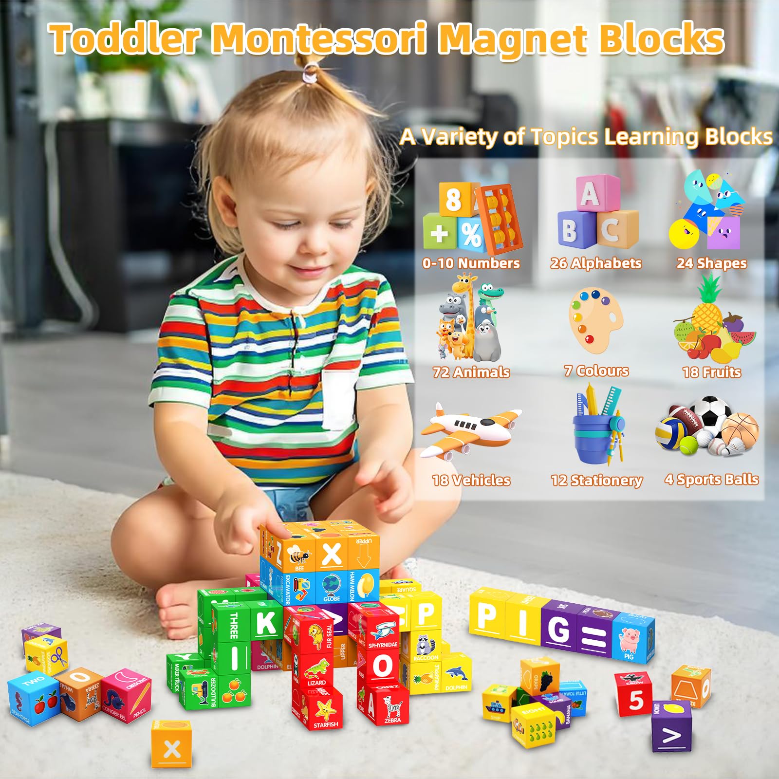 Caferria magnetic blocks showing alphabet and numbers for literacy and numeracy.