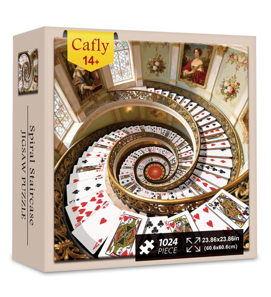 Cafly 1024-piece puzzle with spiral staircase and cards, ideal for collaborative family play