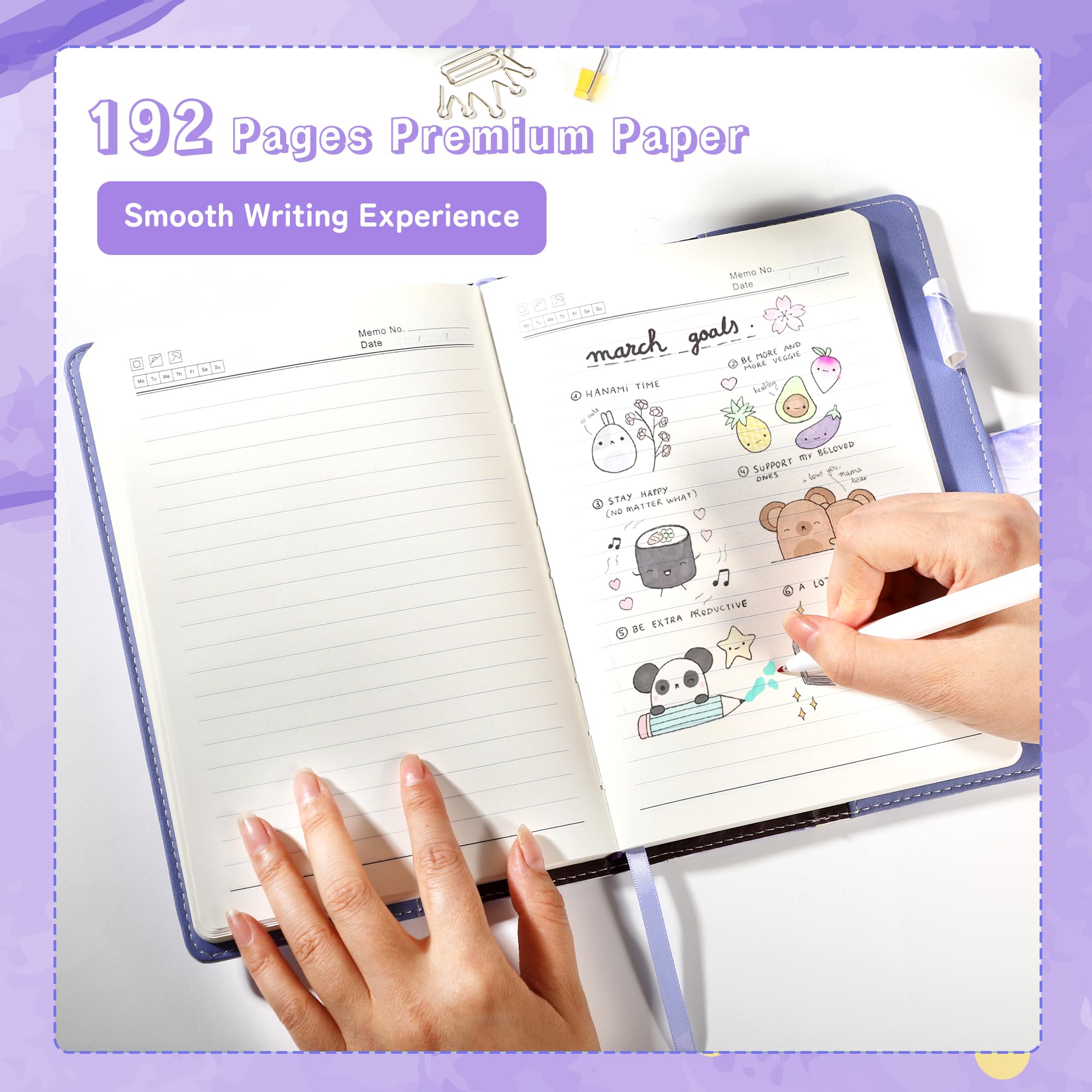 CAGIE diary lock refill pages highlight thick, ink-friendly paper and no fluorescent agents.