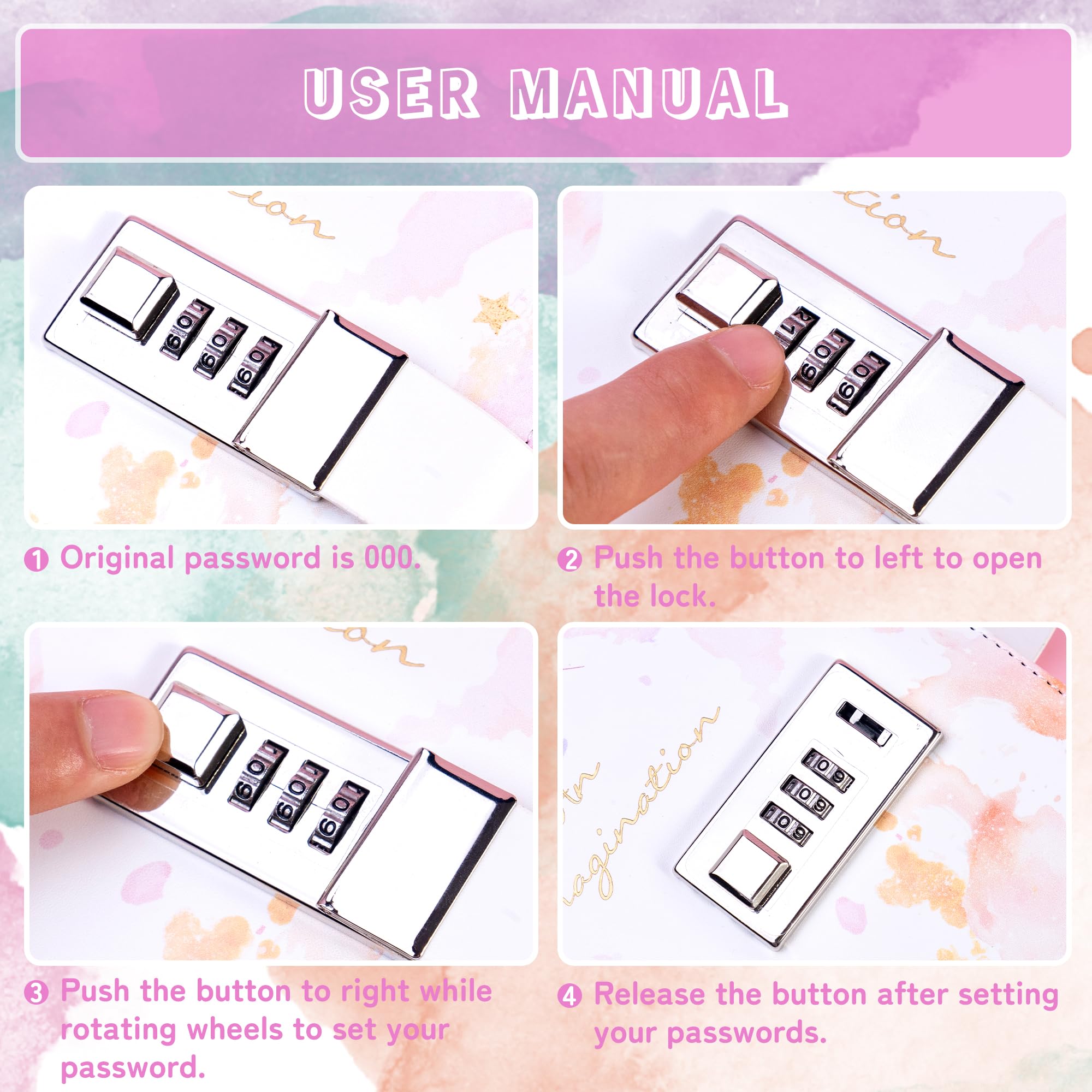 CAGIE diary lock instruction card helps reset password quickly.