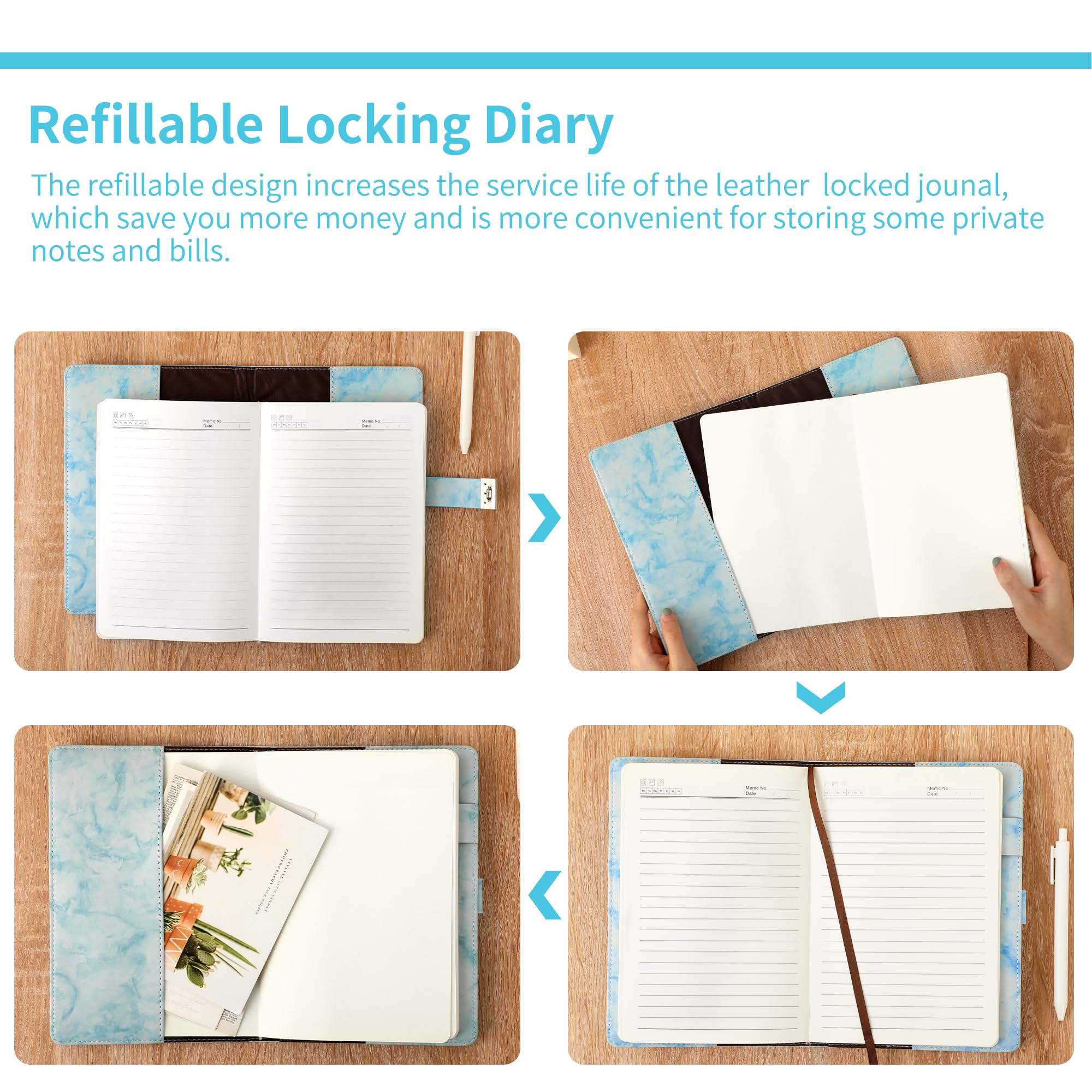 CAGIE Marble Diary held in hand highlights portable A5 size for travel.