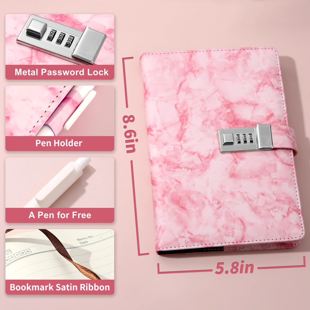 CAGIE Marble Diary lock close-up on bright pink cover showing privacy