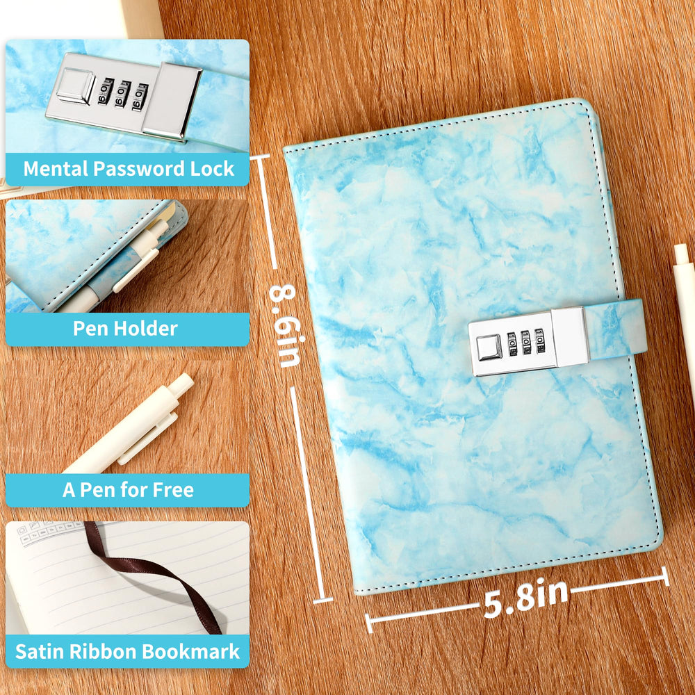 CAGIE Marble Diary lock detail shows three-digit mechanism for security.