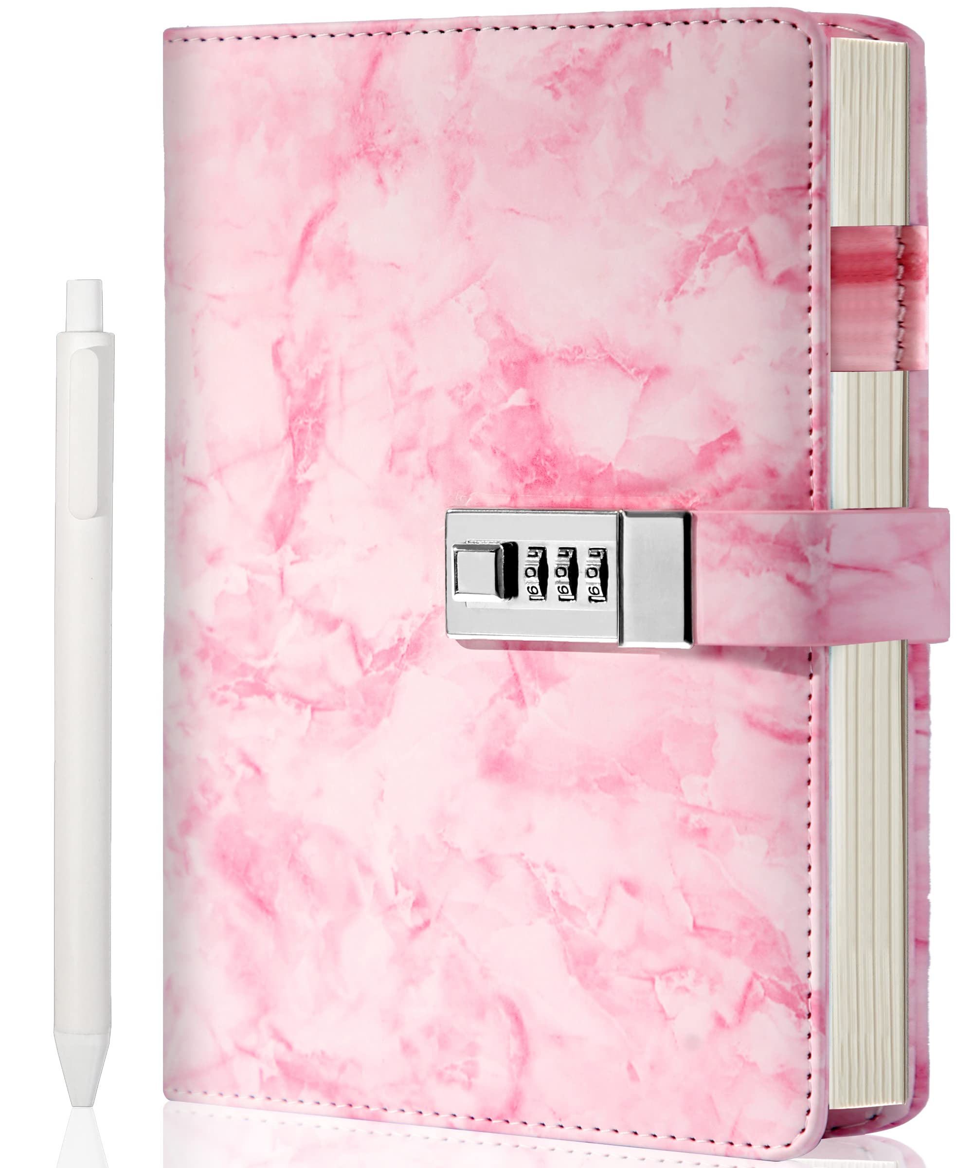 CAGIE Marble Diary with Lock pink cover ready for private journaling