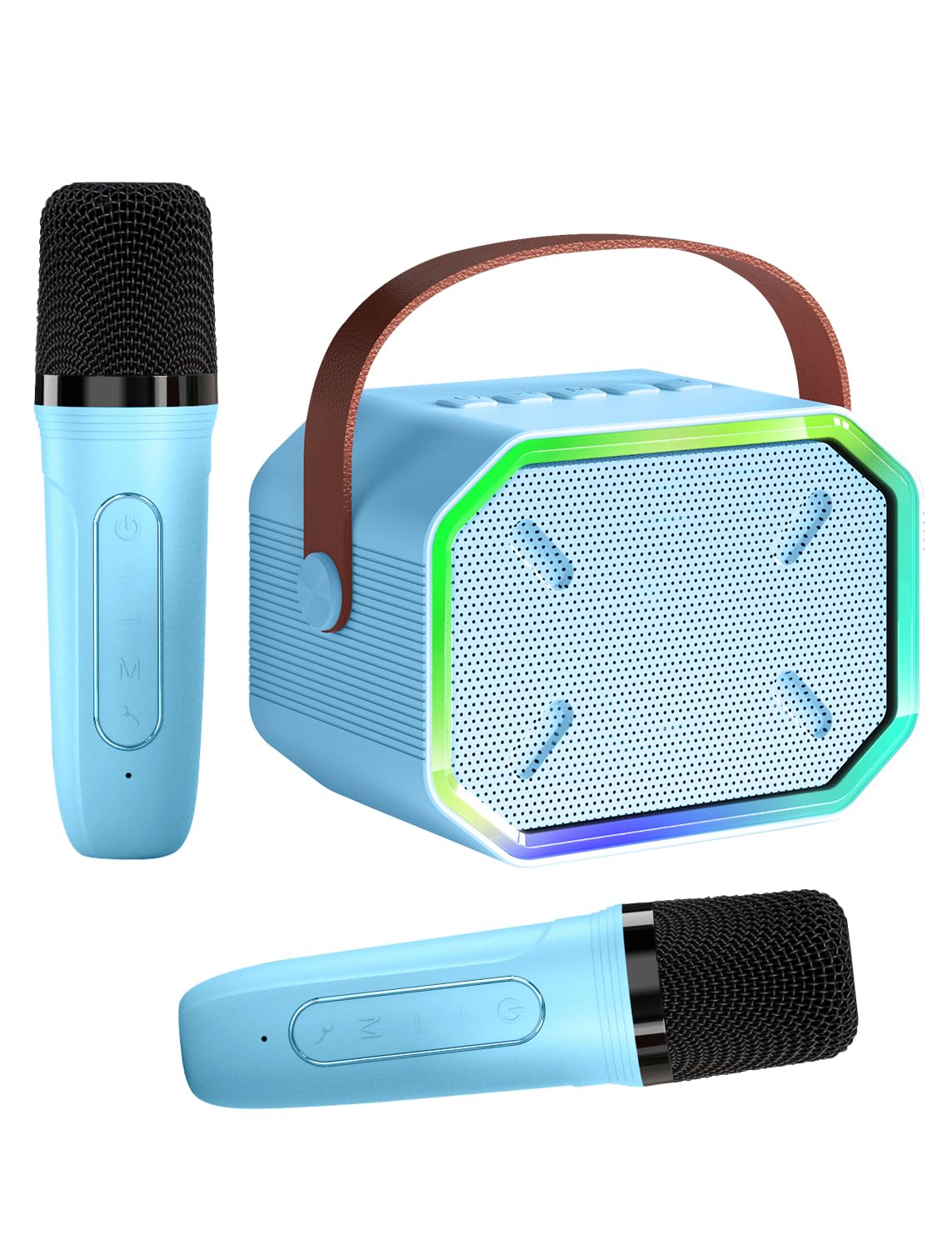 Caiord karaoke mini speaker with two wireless mics, ideal for family sing-alongs.